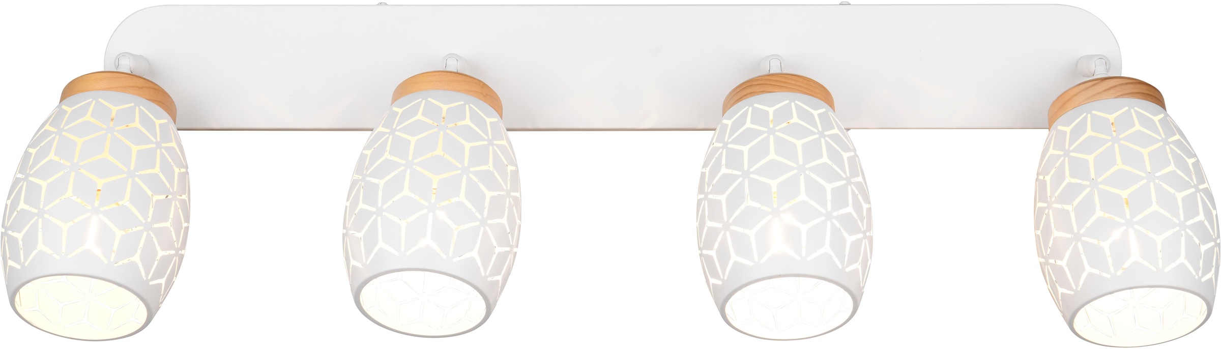 REALITY Leuchten Deckenstrahler »BIDAR 4-flammig, exkl 4x E14 max 10W, Deckenlampe Spots verstellbar«, 4 flammig, Leuchtmittel E14 | Leuchtmittel wechselbar, Metall-Lampenschirm mit Lasercut Muster und Holz-Dekoelementen