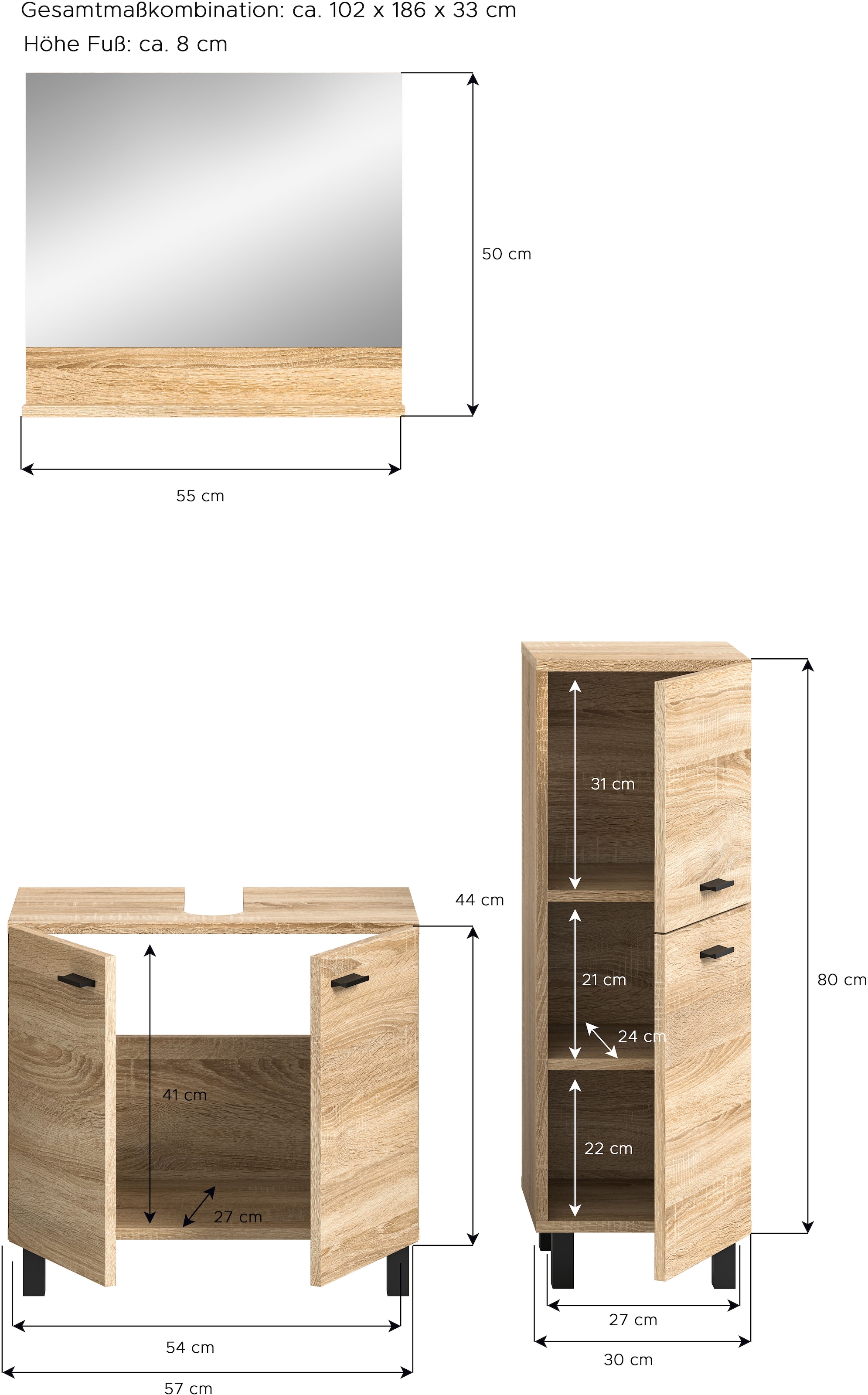 welltime Badmöbel-Set »Tampa, Breite 102cm, 3-teilig«, (3 St.), Waschbeckenunterschrank, Spiegel, Midischrank