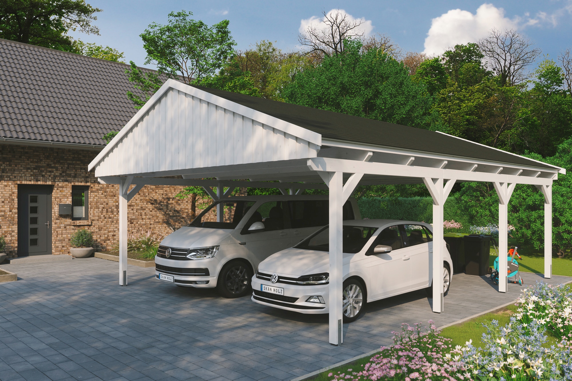 Skanholz Doppelcarport "Fichtelberg" Leimholz weiß mit schwarzen Schindeln