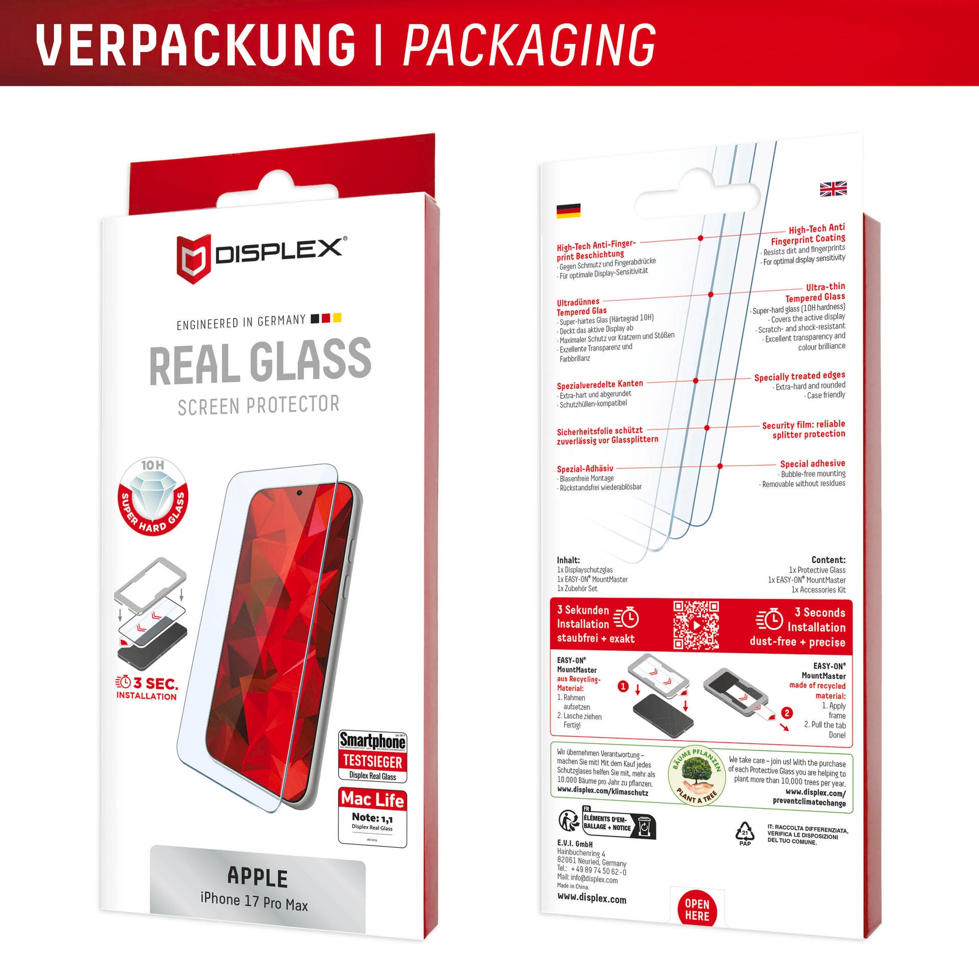 Displex Displayschutzglas »Real Glass Screen Protector mit EASY-ON MountMaster« für Apple iPhone 17 Pro Max Displayschutzfolie, Schutzfolie, Bildschirmschutz, kratz- & stoßfest