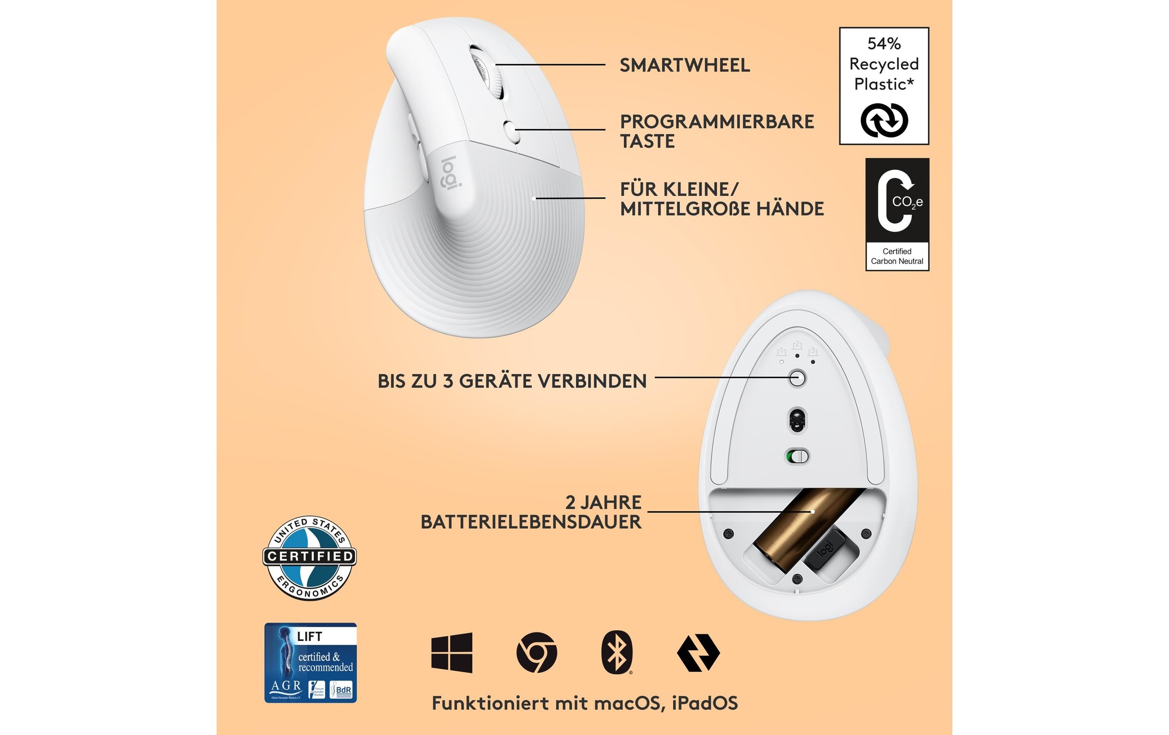 Logitech ergonomische Maus »Maus Lift Off-white« kabellos
