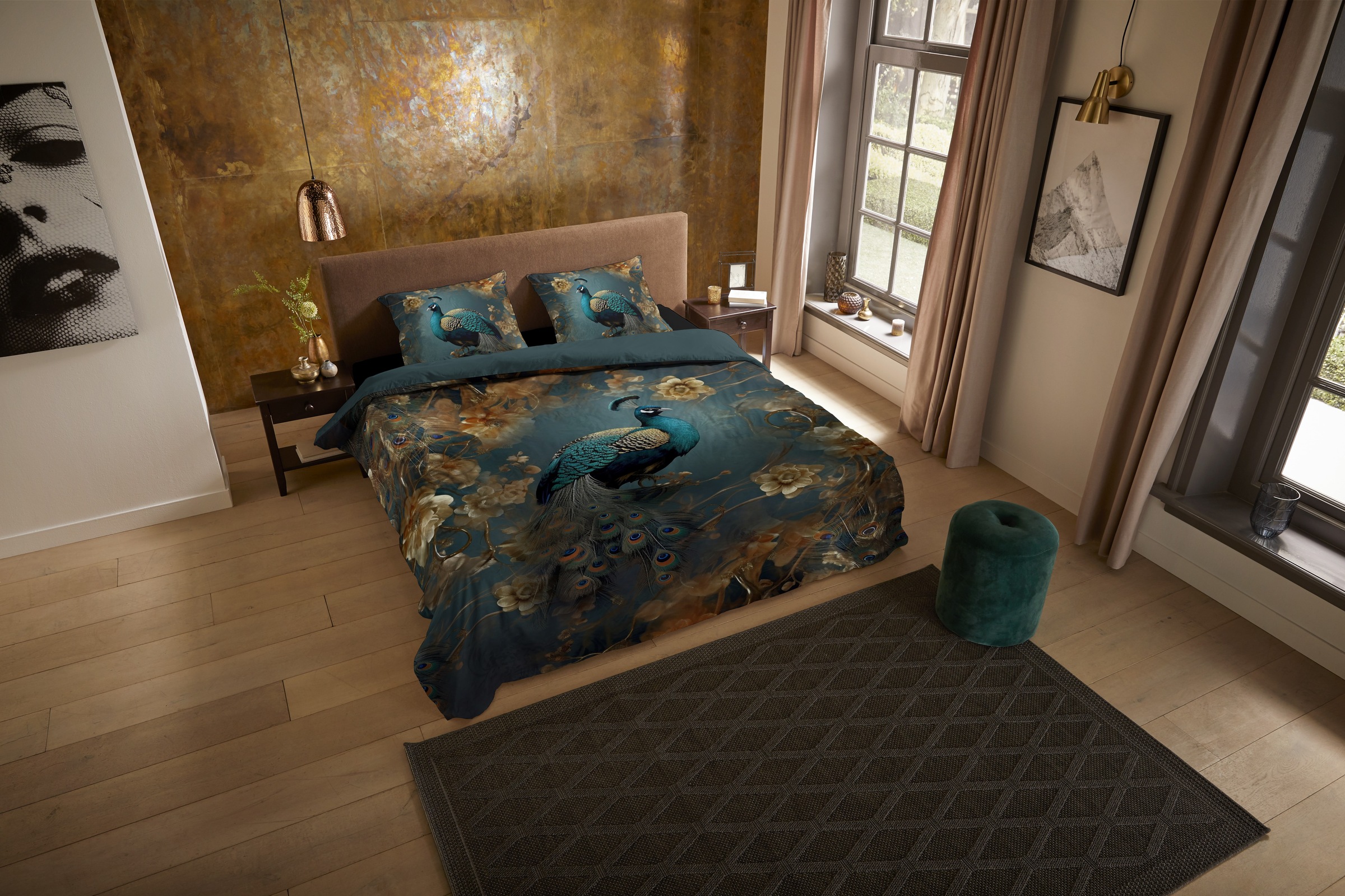 PURE luxury collection Wendebettwäsche »Savaya«, Mikrofaser, 135x200, Pflegeleicht, Wende, Pfau, Blumen, Petrol, Gold