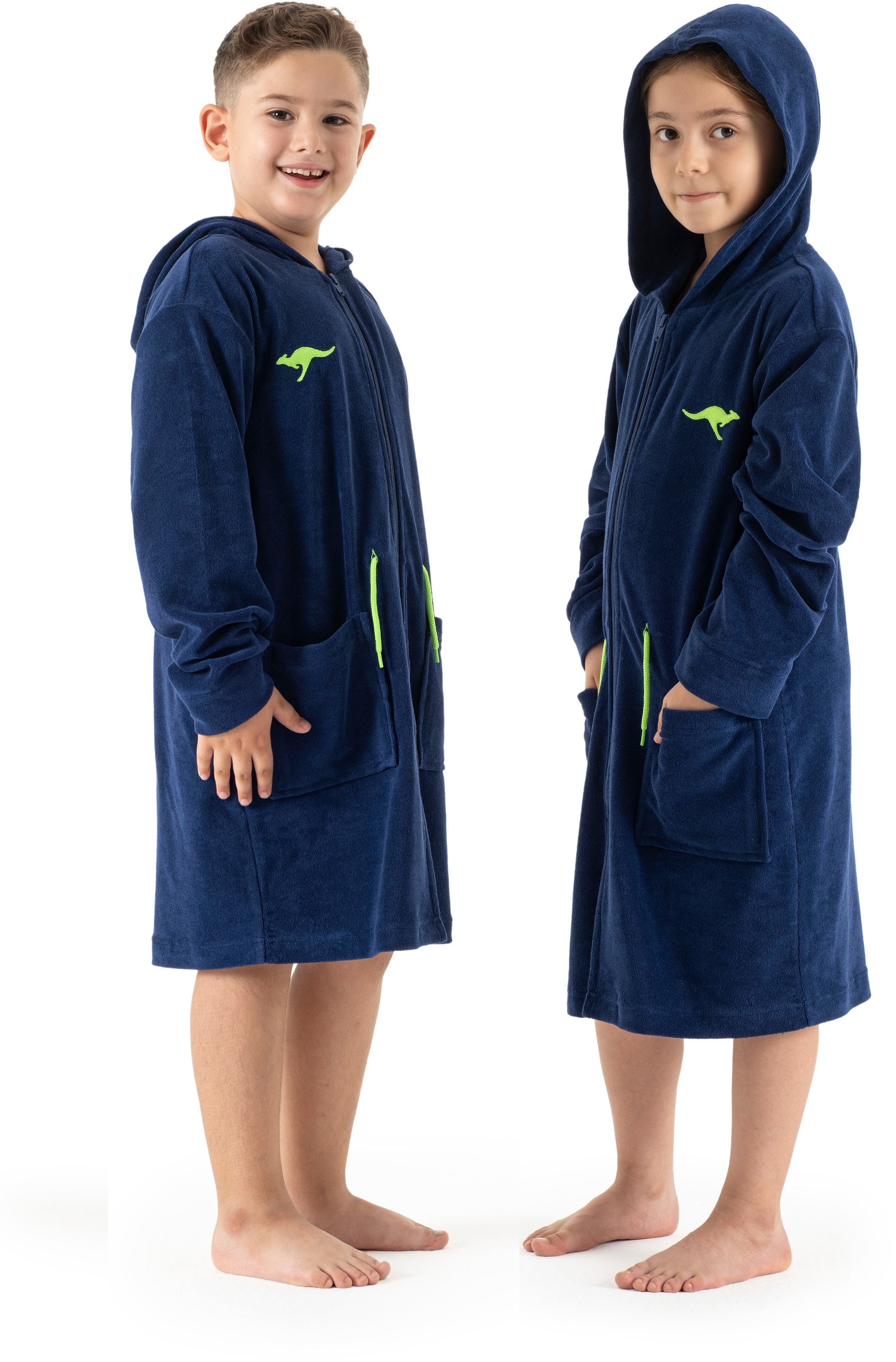 Kinderbademantel KANGAROOS, L:35, blau, Leichtfrottier, Hausmäntel, "Kira, Ideal für Zuhause, Schwimmbad oder im Urlaub", modernen, sportliches