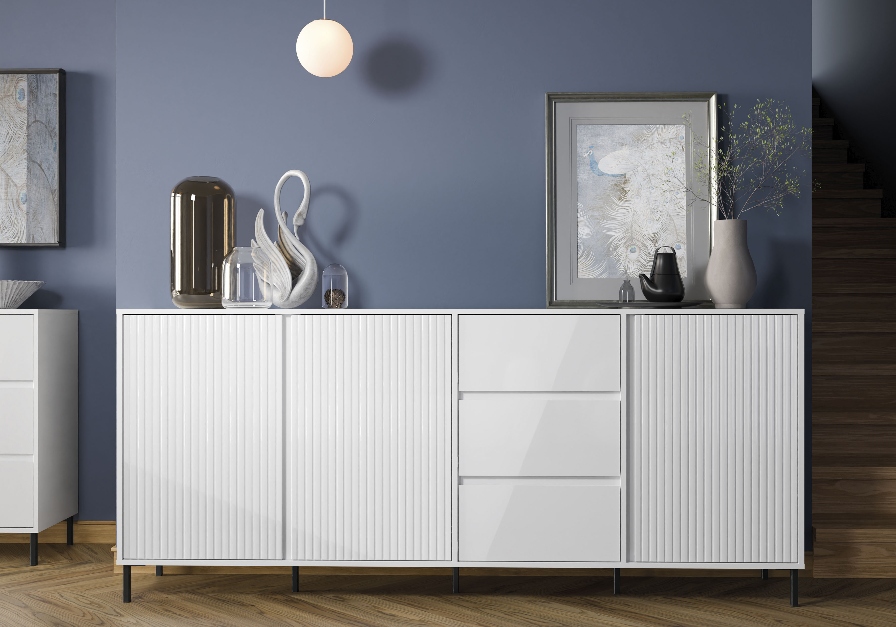 Home affaire Sideboard "viel Stauraum, Soft Close, 3 Türen und 3 Schubkasten" mit Metallfüßen, Breite 212 cm, grifflos, Fronten geriffelt