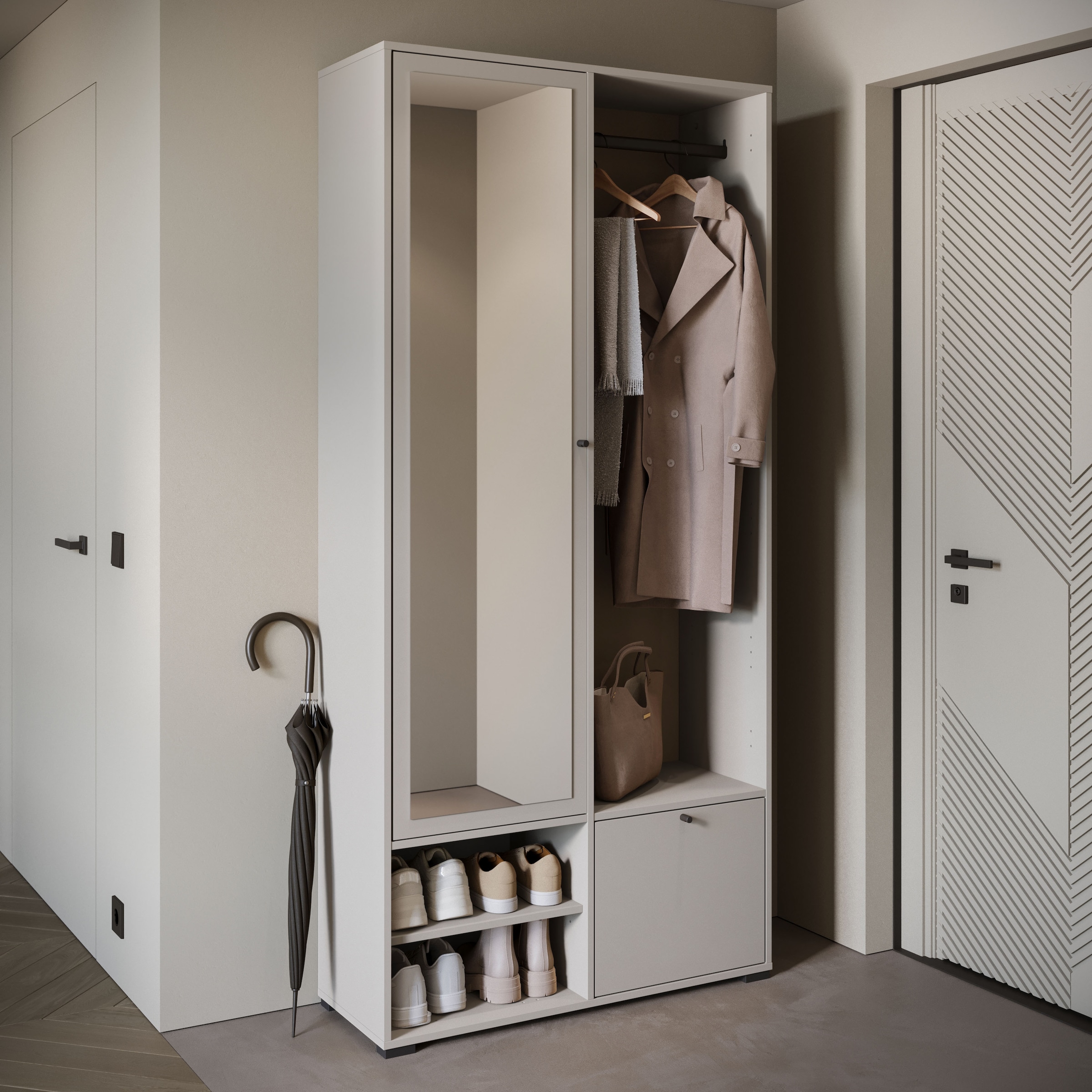 INOSIGN Garderobenschrank »DINO Kompaktgarderobe, Garderoben-Set DINO«, Mit Spiegel und Kleiderstange, 90 cm breit, Türanschlag wechselbar