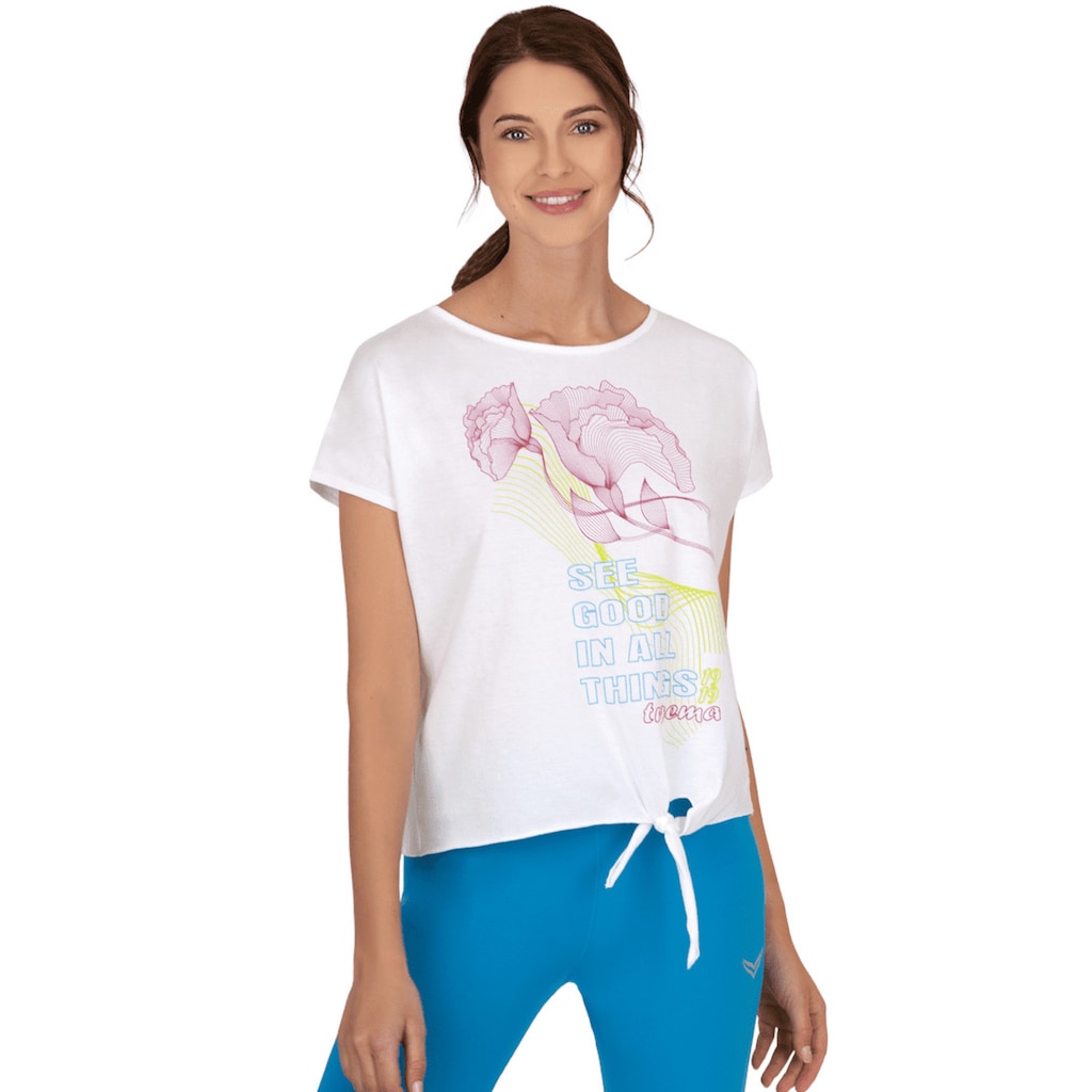 Trigema T-Shirt »TRIGEMA Damen Shirt mit Motiv und seitlichem Knoten« IN8926