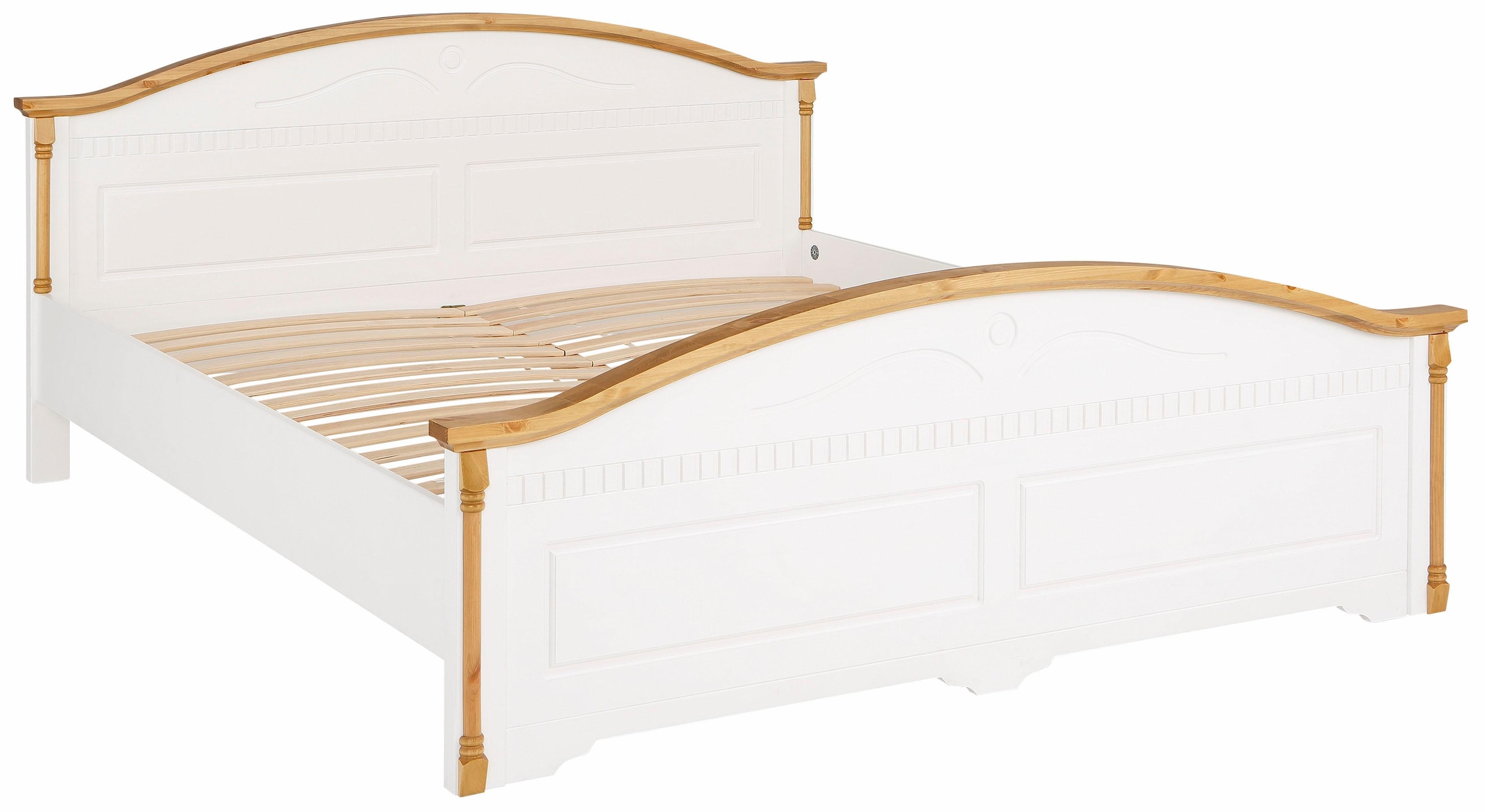 Home affaire Massivholzbett »Graz, hohe Belastbarkeit, klassischer Landhausstil, FSC® zertifiziert«, (Breite/Belastbarkeit 180cm/220 KG, 90cm/=120KG), mit dekorativen Fräsungen, inklusive Lattenrost