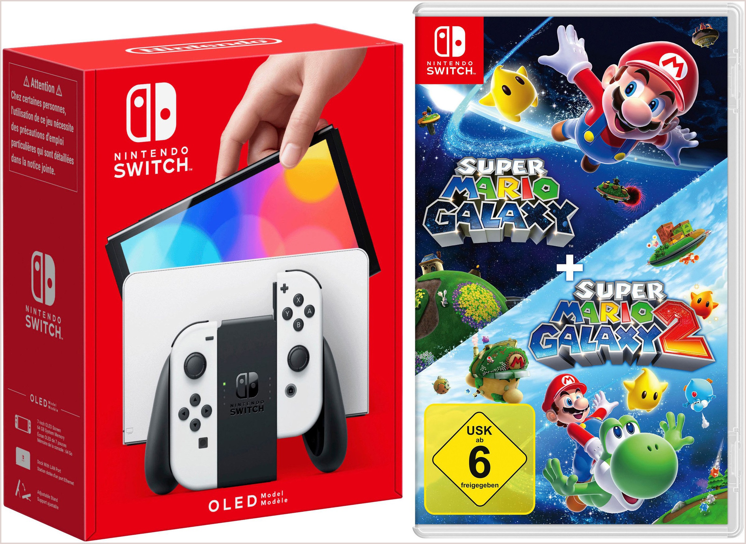 "NINTENDO SWITCH Konsolen-Set ""NSW OLED Konsole weiss inkl.Super Mario Galaxy 1+2"", bunt (weiß), B:24,2cm H:1,39cm T:10,2cm, Spielekonsolen"