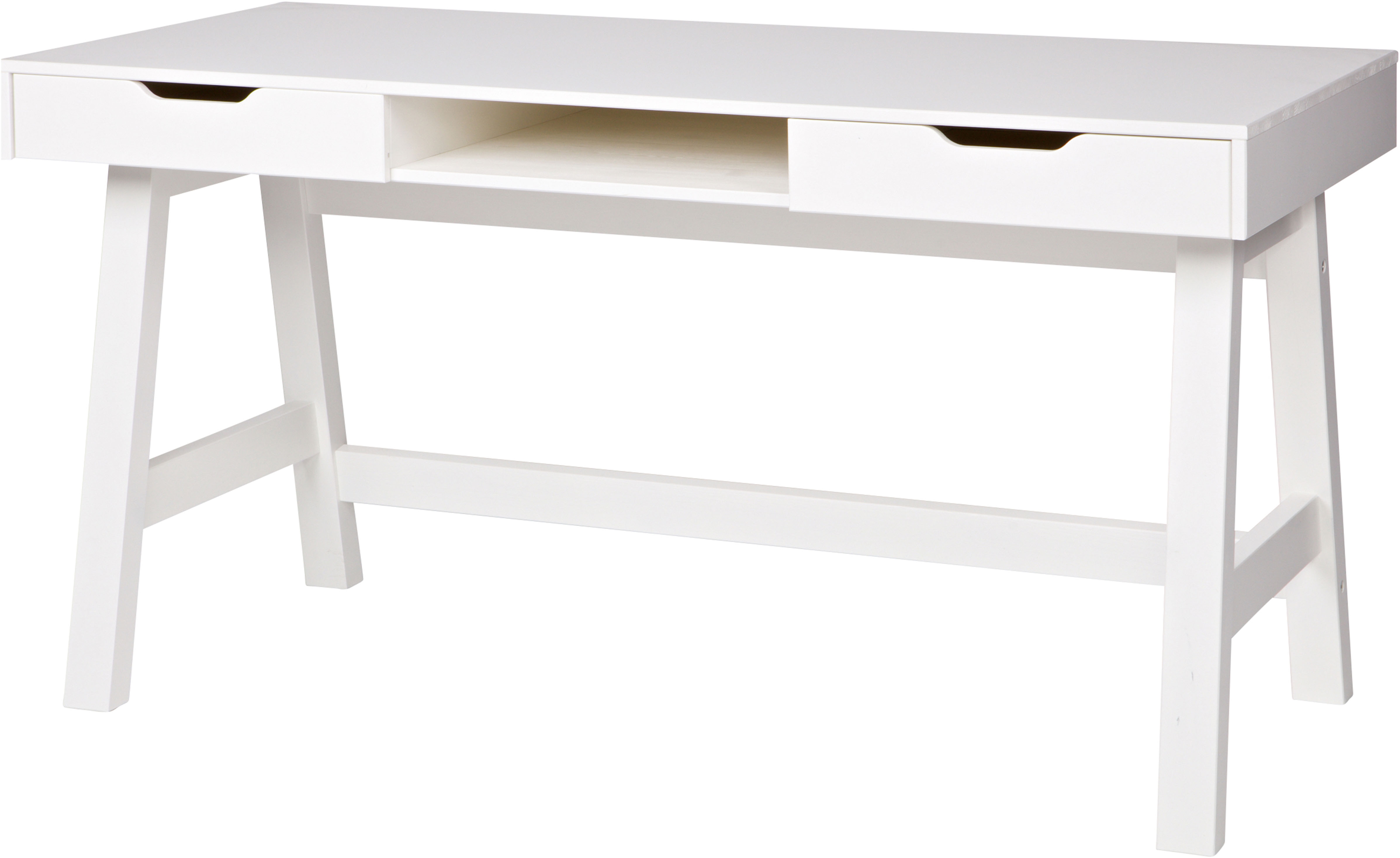 WOOOD Schreibtisch "Nikki aus Kiefernholz lackiert, zwei Schubladen 140x62x75 cm" Schubladen mit Metallführung, offenes Mittelfach, gebürstet Oberfläche