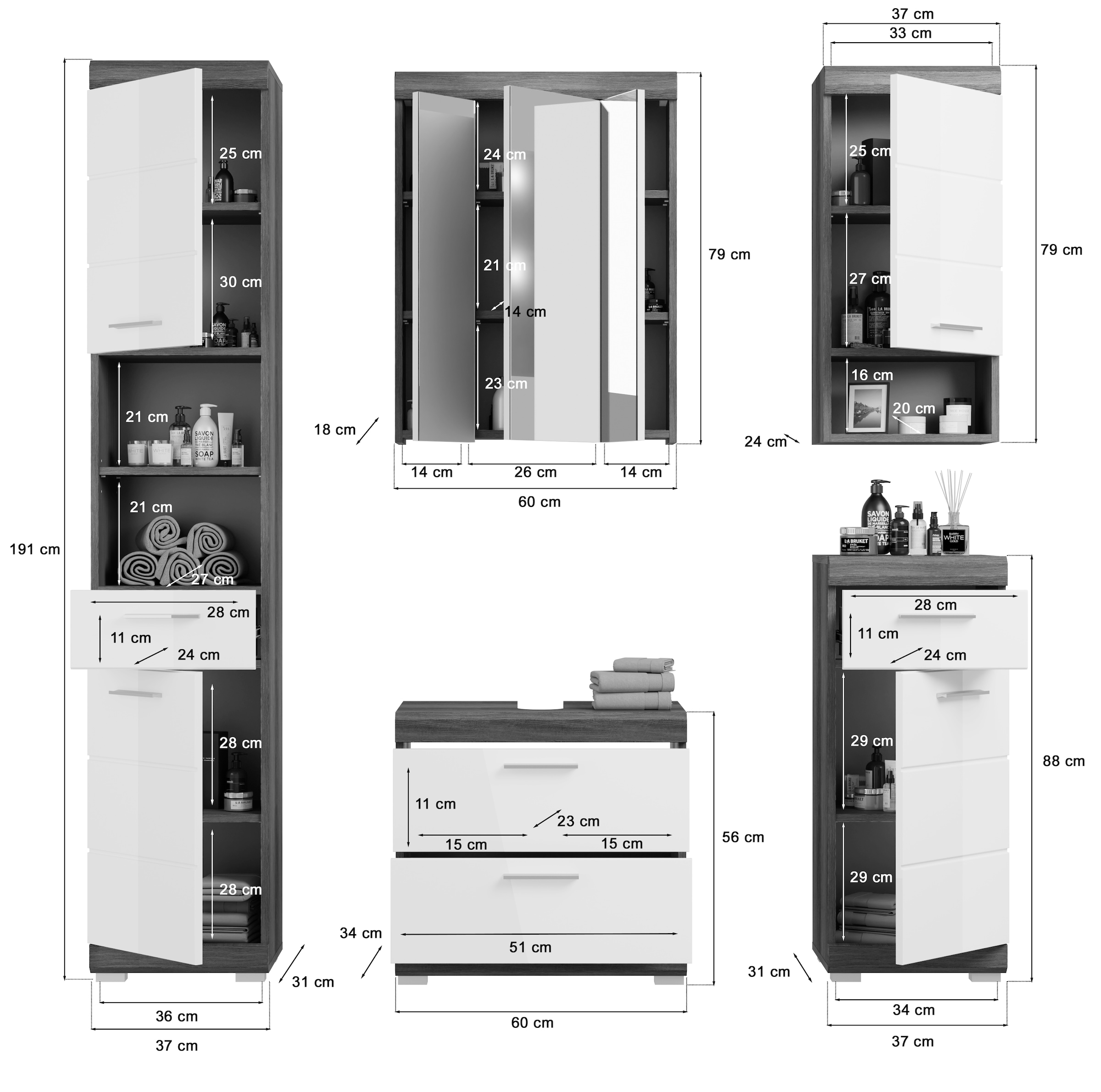 INOSIGN Badmöbel-Set »Siena, 5 teilig, bestehend aus:«, (Set, 5 St.), Hochschrank, WBU, Spiegelschrank, Unterschrank, Hängeschrank