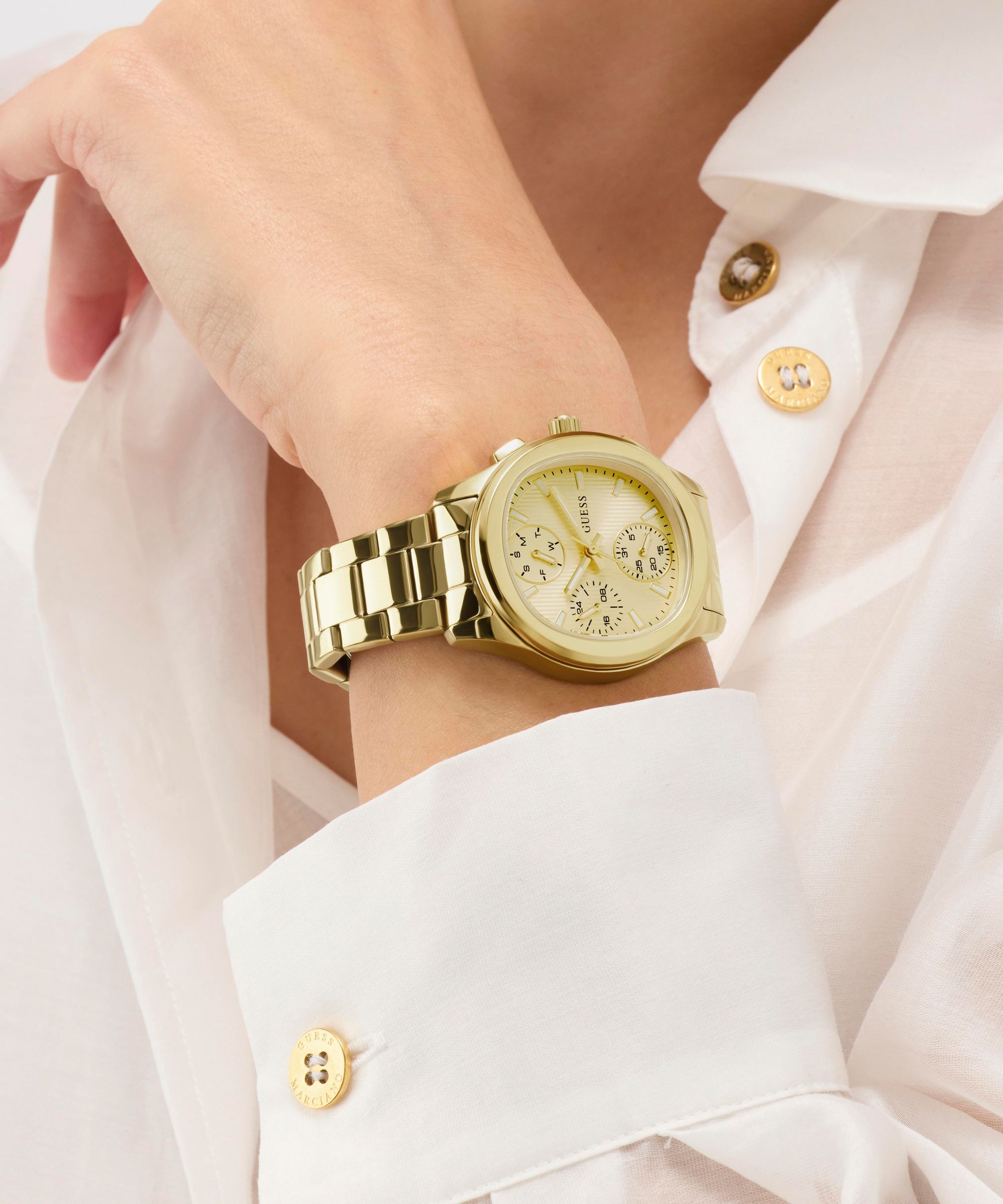 Guess Multifunktionsuhr »BIRDIE« Quarzuhr, Armbanduhr, Damenuhr, Edelstahlarmband, analog, Wochentag