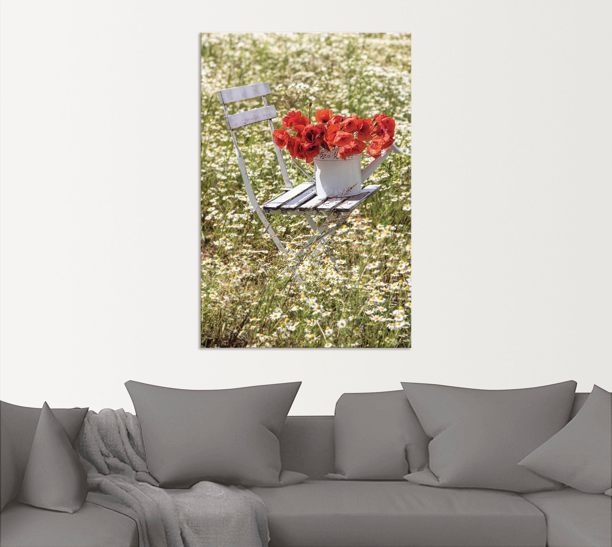 Artland Alu-Dibond-Druck »Stuhl im Kamille Feld mit Mohnblüten«, Blumenwiese, (1 St.), für Innen- und Außenbereich geeignet, Outdoorbild