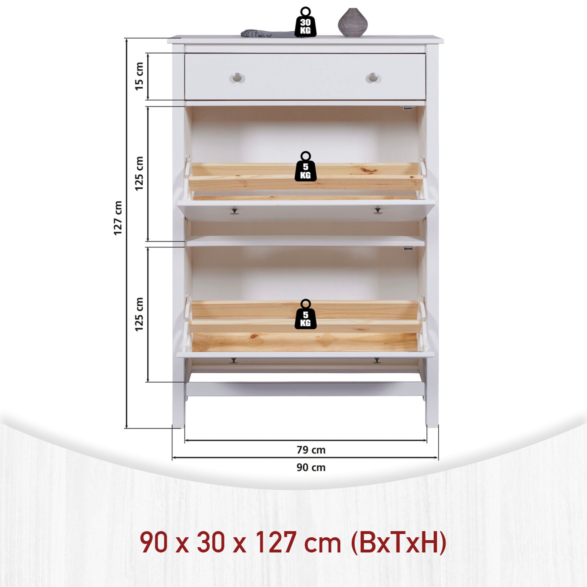 Inter Link Schuhkommode »Pinora, Kiefer Massivholz, Weiss, 90 x 30 x 127 cm, 16 paar Schuhe« 1 Stk. tlg. Schuhkipper im modernem Skandi Look, 2 Klappen, 1 Schublade