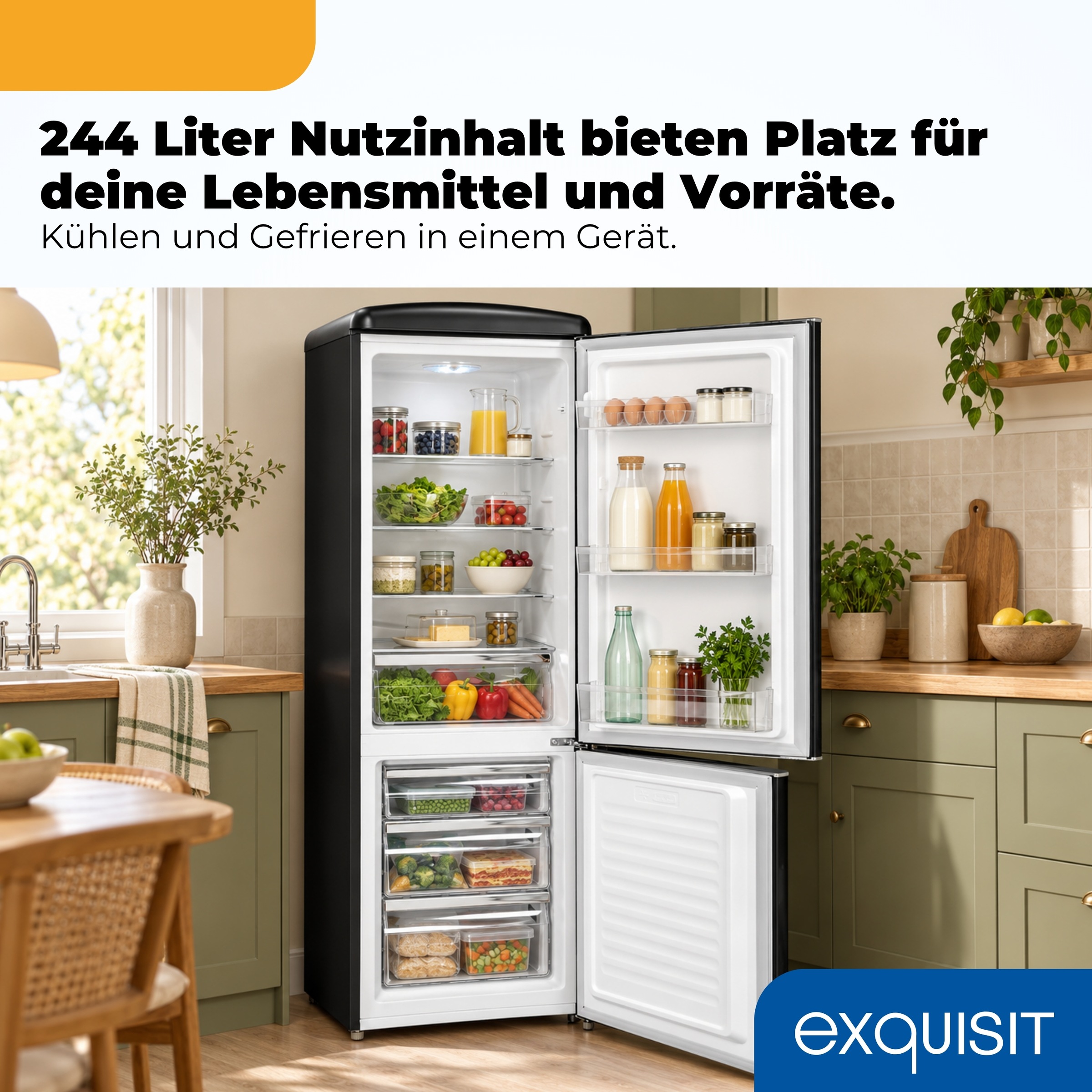 exquisit Kühl-/Gefrierkombination »RKGC250-70-H-160C mattschwarz« 183 cm hoch 54,5 cm breit Retro-Design mit 4-Sterne-Gefrierfach & flexiblen Glasablagen