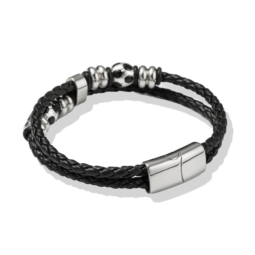 FIRETTI Fußball Leder Edelstahl Armband Silber-Schwarz 21cm 2