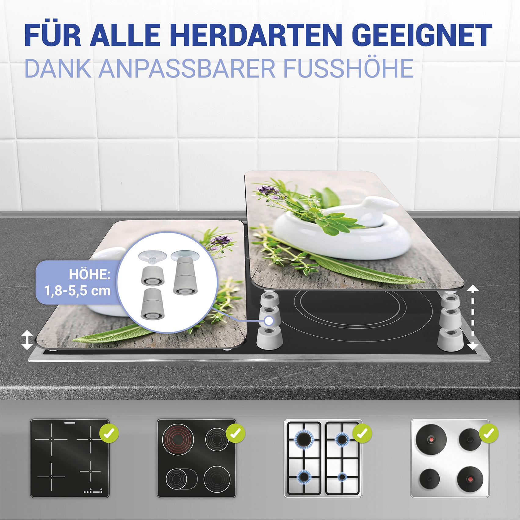 WENKO Herd-Abdeckplatte »Universal Modell Kräutergarten«, (Set, 2 tlg.), Herdabdeckung für alle Herdarten, kratzfest, mit rutschfesten Füßen
