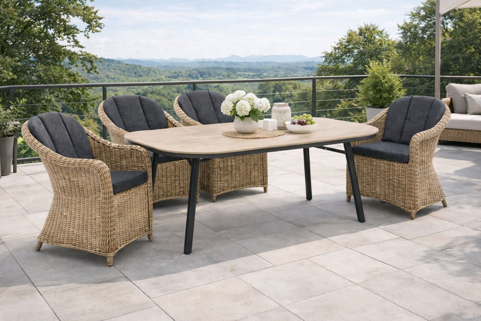 Destiny Garten-Essgruppe "MALAGA SAN MARINO 4 Se + Tisch OV 180x90cm holzf./ natur meliert" Set, Aluminium, Polyrattan, Polywood