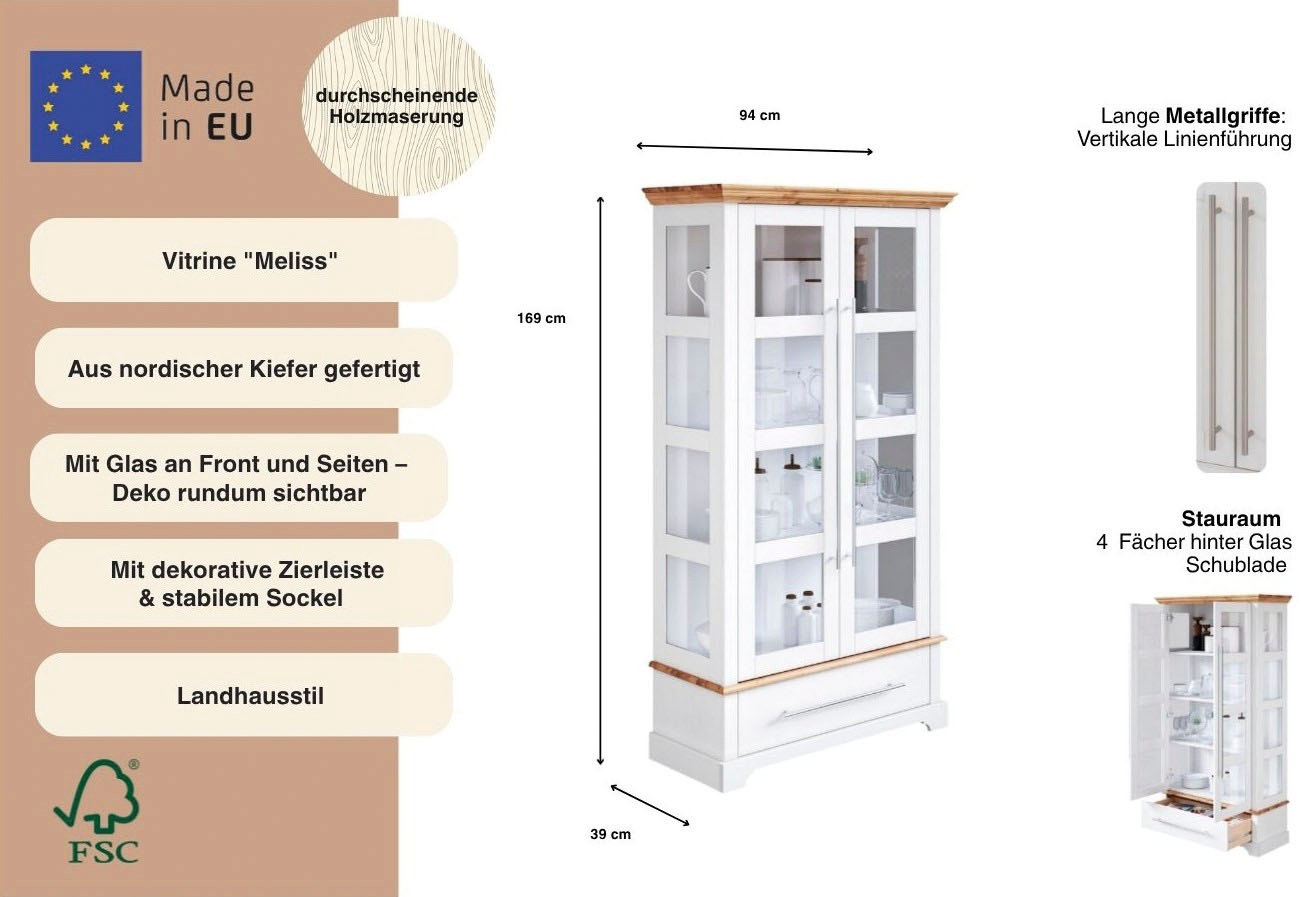 Thumbnail - Home affaire Vitrine "Meliss" Höhe 169 cm, Breite 94 cm, 2-türig, Kiefer massiv, FSC