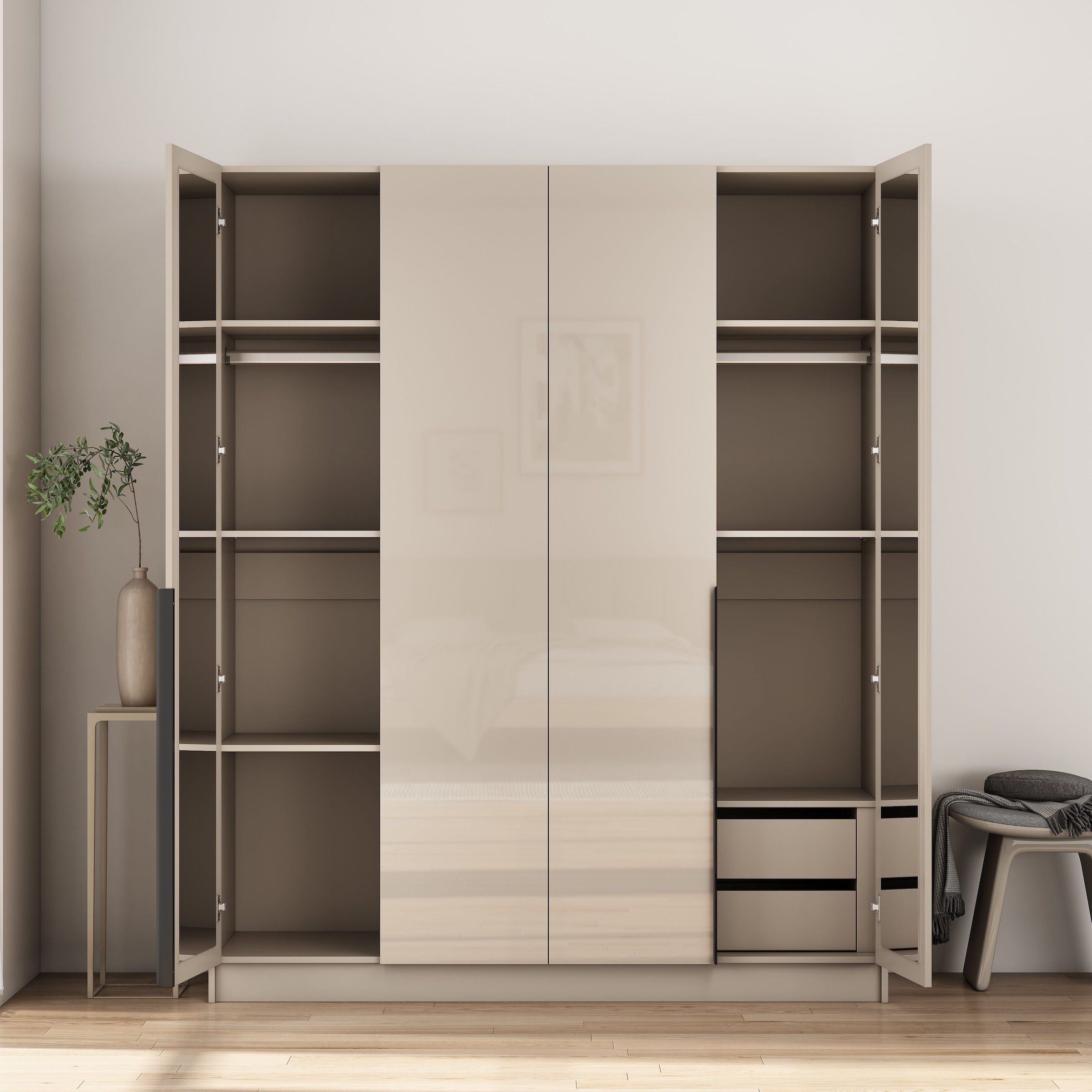 OTTO home Kleiderschrank »Annor Schlafzimmerschrank Breite 162cm hochglanz Schrank Garderobe« Drehtürenschrank mit perfekter Innenausstattung - elegante Türgriffe