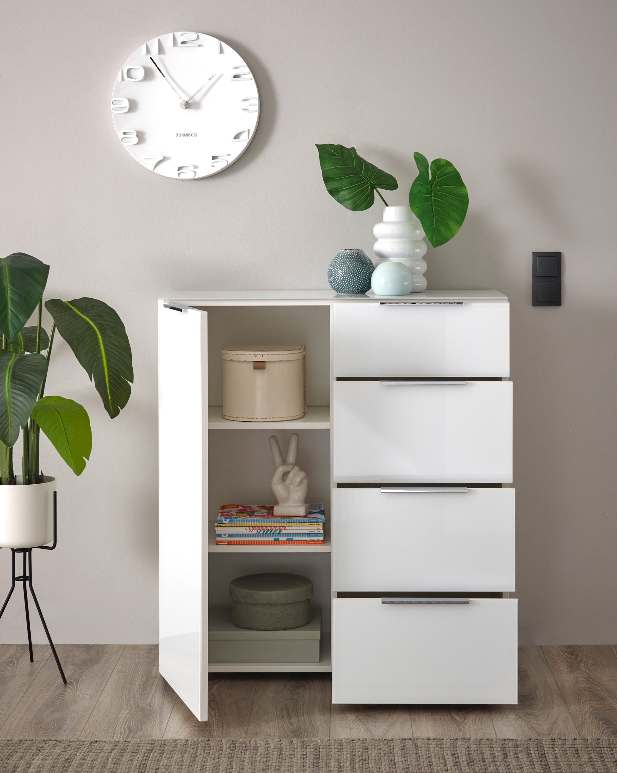HBZ Sideboard »Santorin Mehrzweckschrank-Universalschrank, BxHxT 90x99x40 cm«, (1 St.), Mit 1 Tür und 4 Schubkästen mit Softclose, Glasfront und Glasoberboden