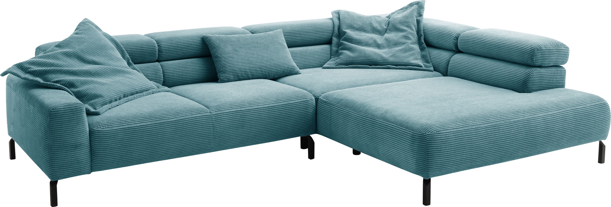 Places of Style Ecksofa »Antonelli, L-Form, inkl. Kopfteilverstellung, Breite 312 cm«, ohne Sitztiefenverstellung, in Cord, petrol