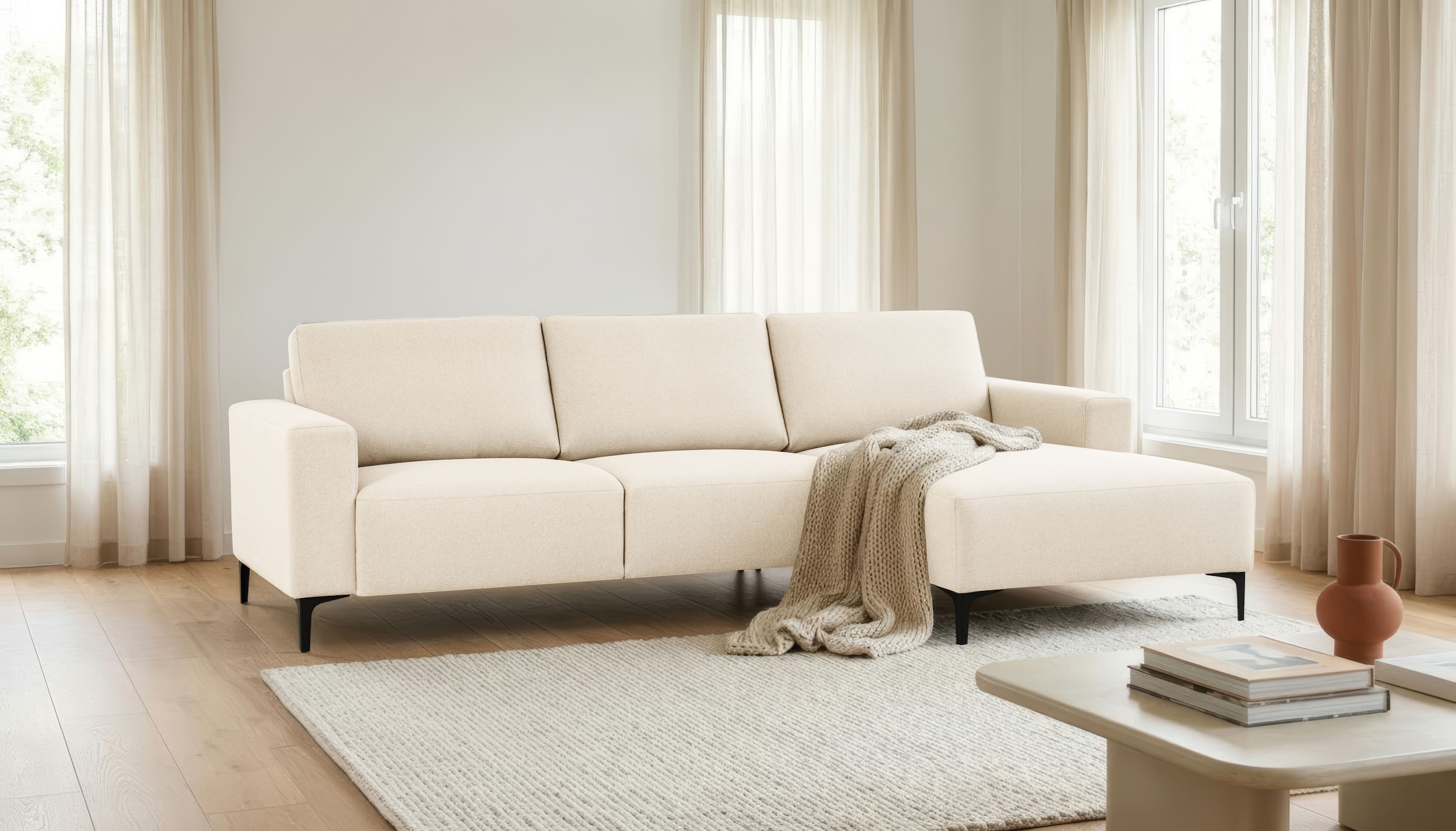 OTTO home Ecksofa »Tournon, L-Form, Breite 262 cm, Webstoff, Chenille« Designsofa im nordischen Stil, Wellenunterfederung, Metallfüße