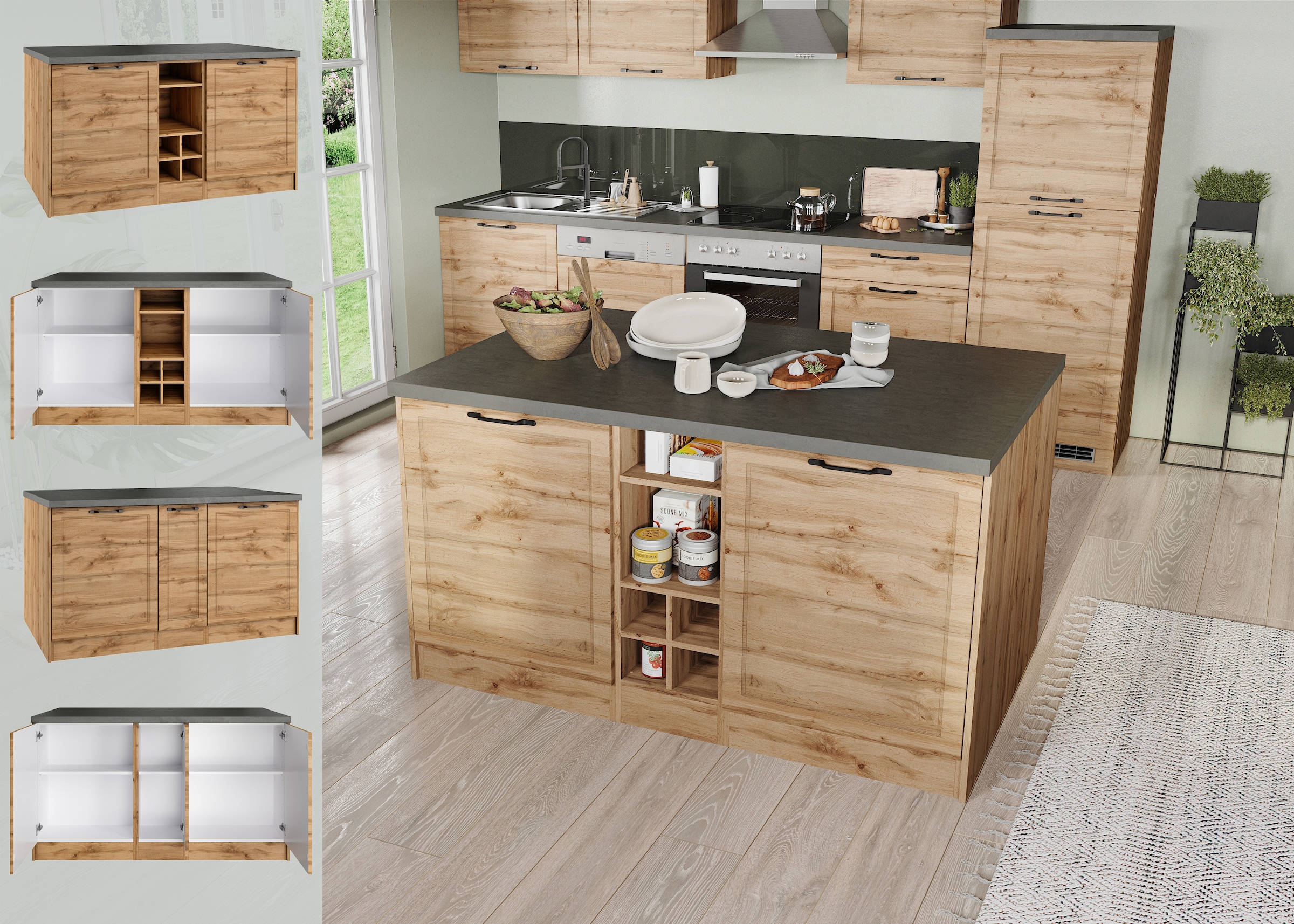 KOCHSTATION Kücheninsel »KS-Lani, Breite 153 cm, mit Flaschenregal«, MDF-Fronten, Arbeitsplatte 38mm stark