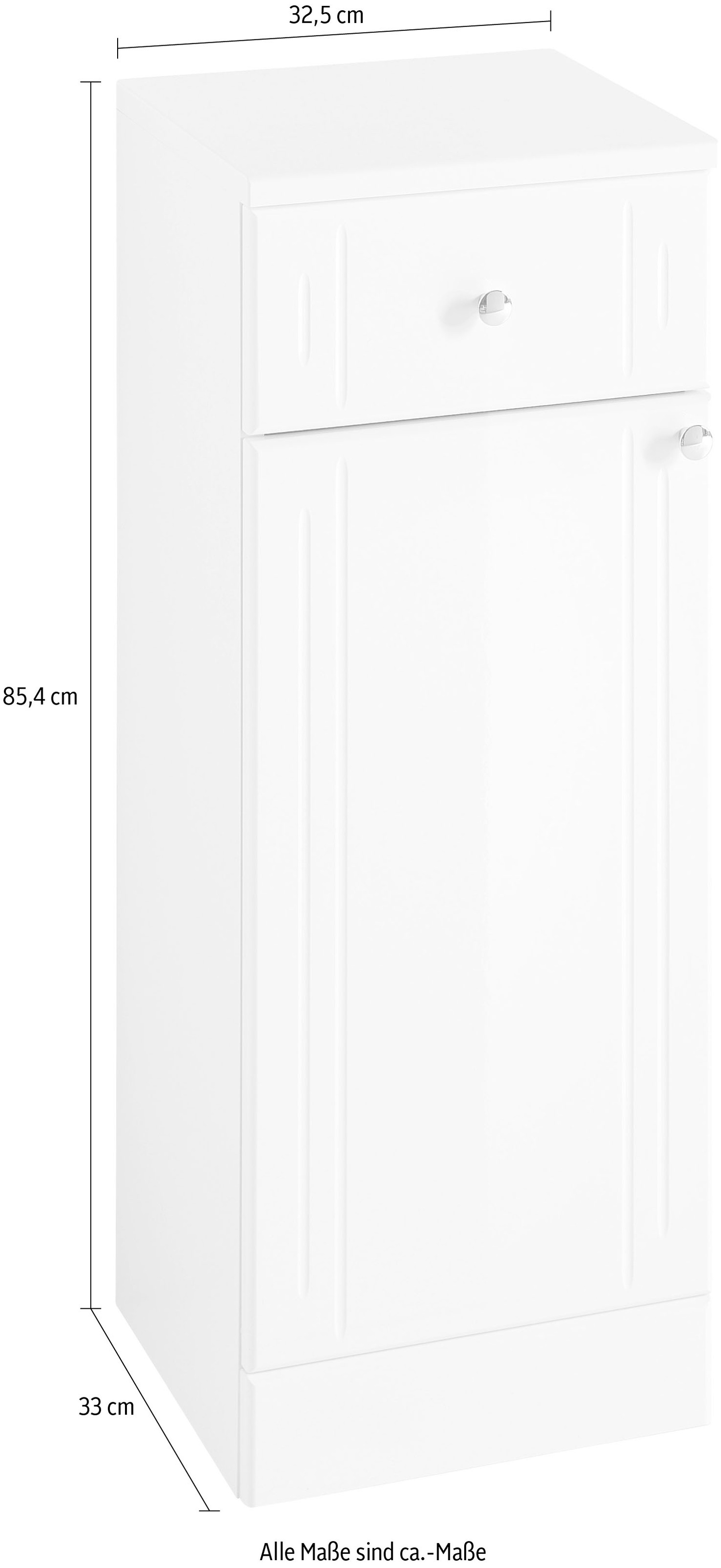 Saphir Unterschrank »Quickset 955 Badschrank mit 1 Tür, 1 Schublade, 32,5 cm breit«, Badezimmer-Unterschrank in Weiß Hochglanz, Griffe Chrom Glanz