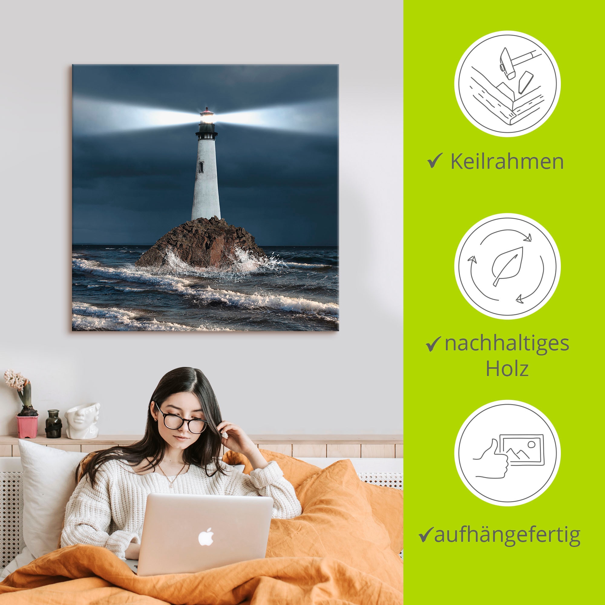 Artland Leinwandbild »Bild von Leuchtturm mit Lichtstrahl« Gebäude 1 Stk. tlg. auf Holzrahmen gespannt