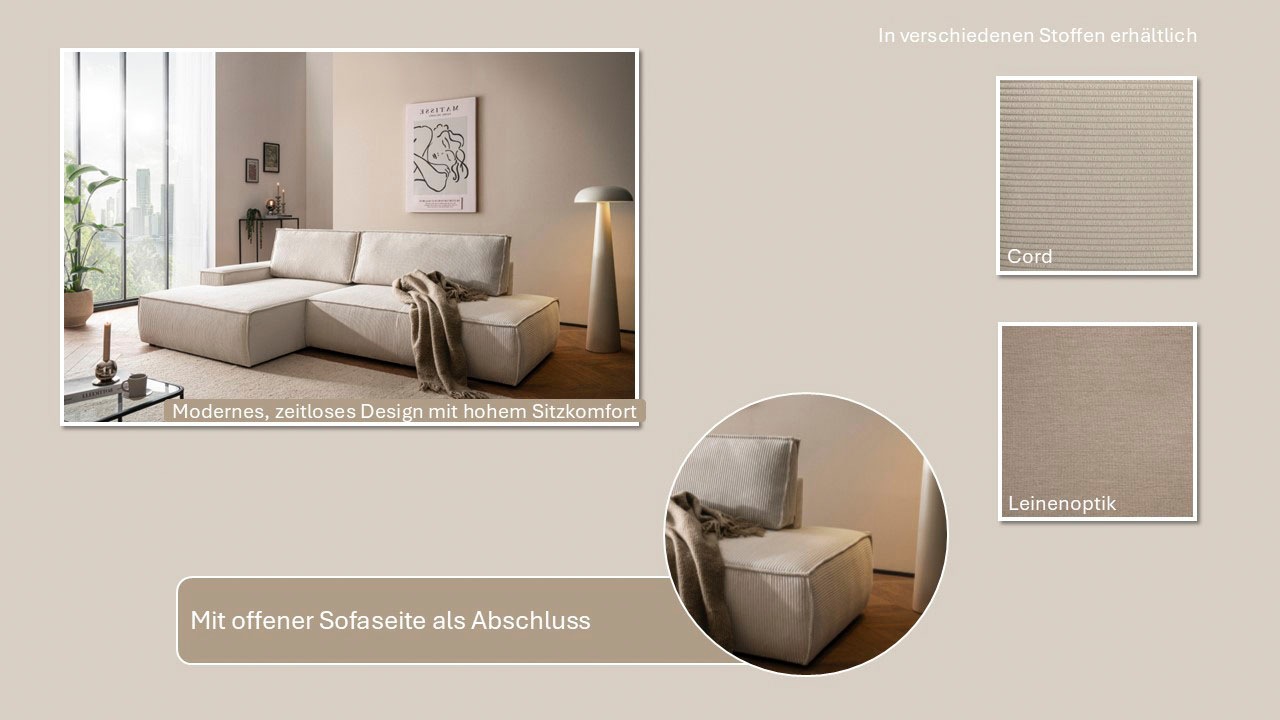 Thumbnail - Home affaire Ecksofa "SHERWOOD, Schlafsofa in L-Form offen (275cm), Cord, Leinenoptik", Schlaffunktion und Bettkasten, K...