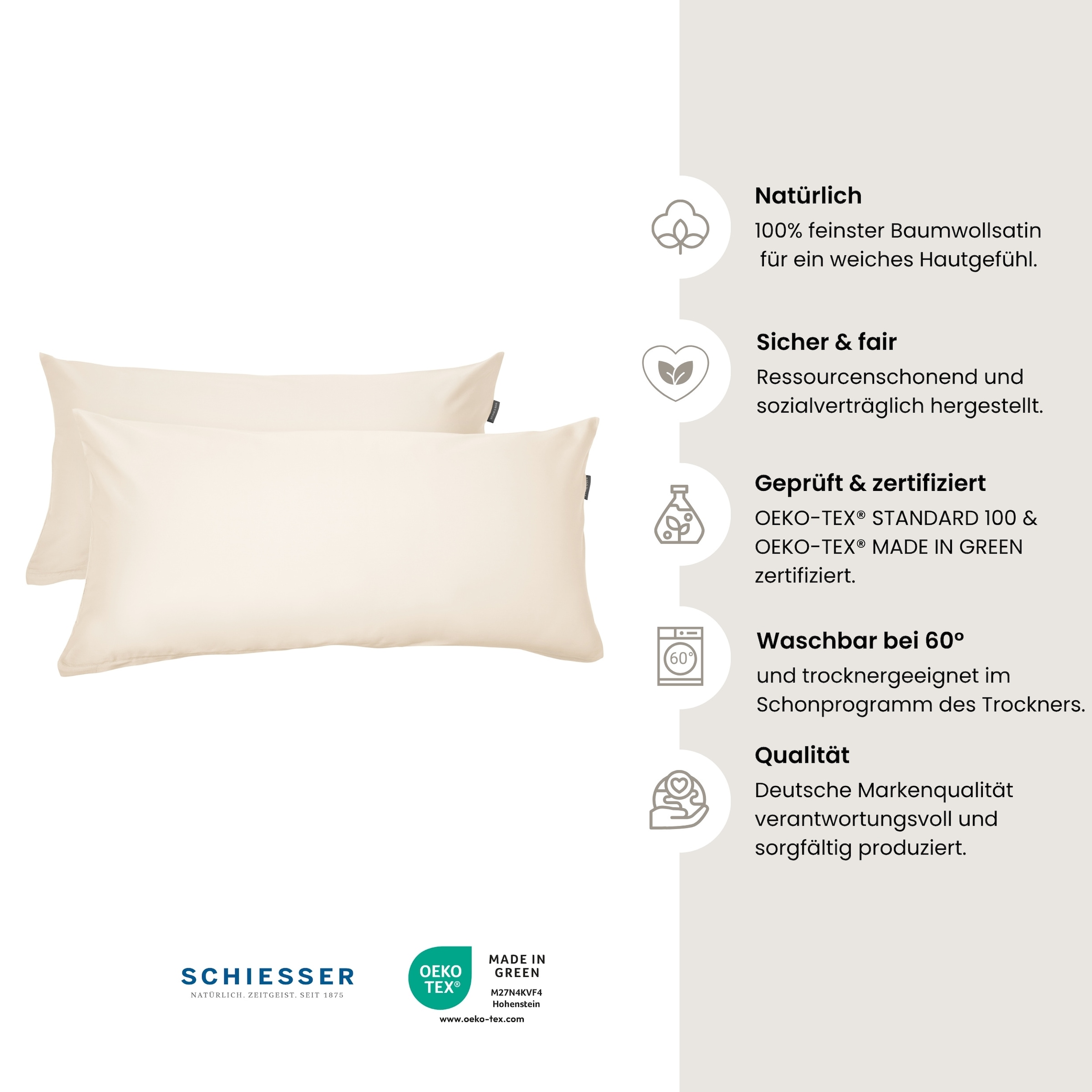 Schiesser Kissenhülle »Ella Premium Kissenhüllenset aus feinstem Baumwollsatin, 40x80 cm«, (2 St.), Made in Green