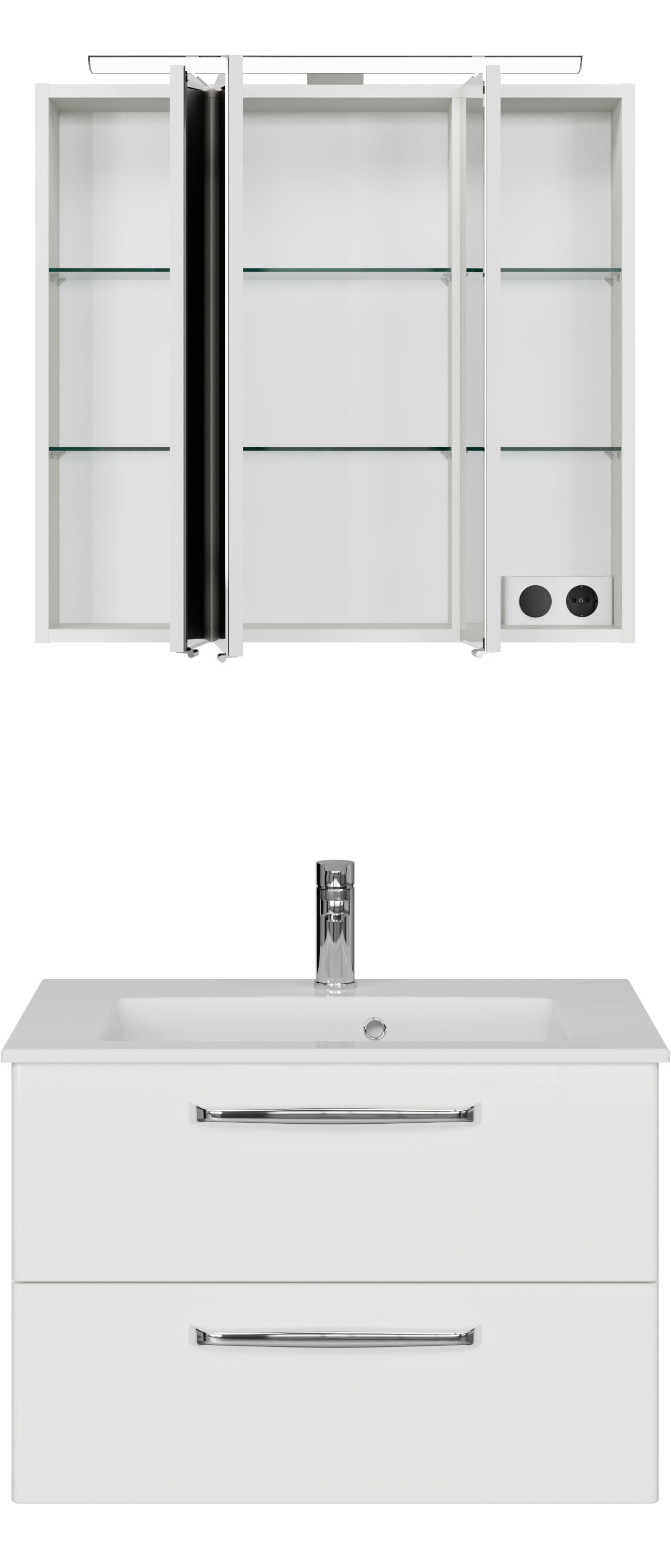 Saphir Badmöbel-Set »Trentino 2-tlg Mineralmarmor-Waschtisch,Spiegelschrank mit LED-Leuchte«, (3 St.), Badmöbel-Set 77cm breit, inkl. Türdämpfer, 3 Türen, 2 Auszügen