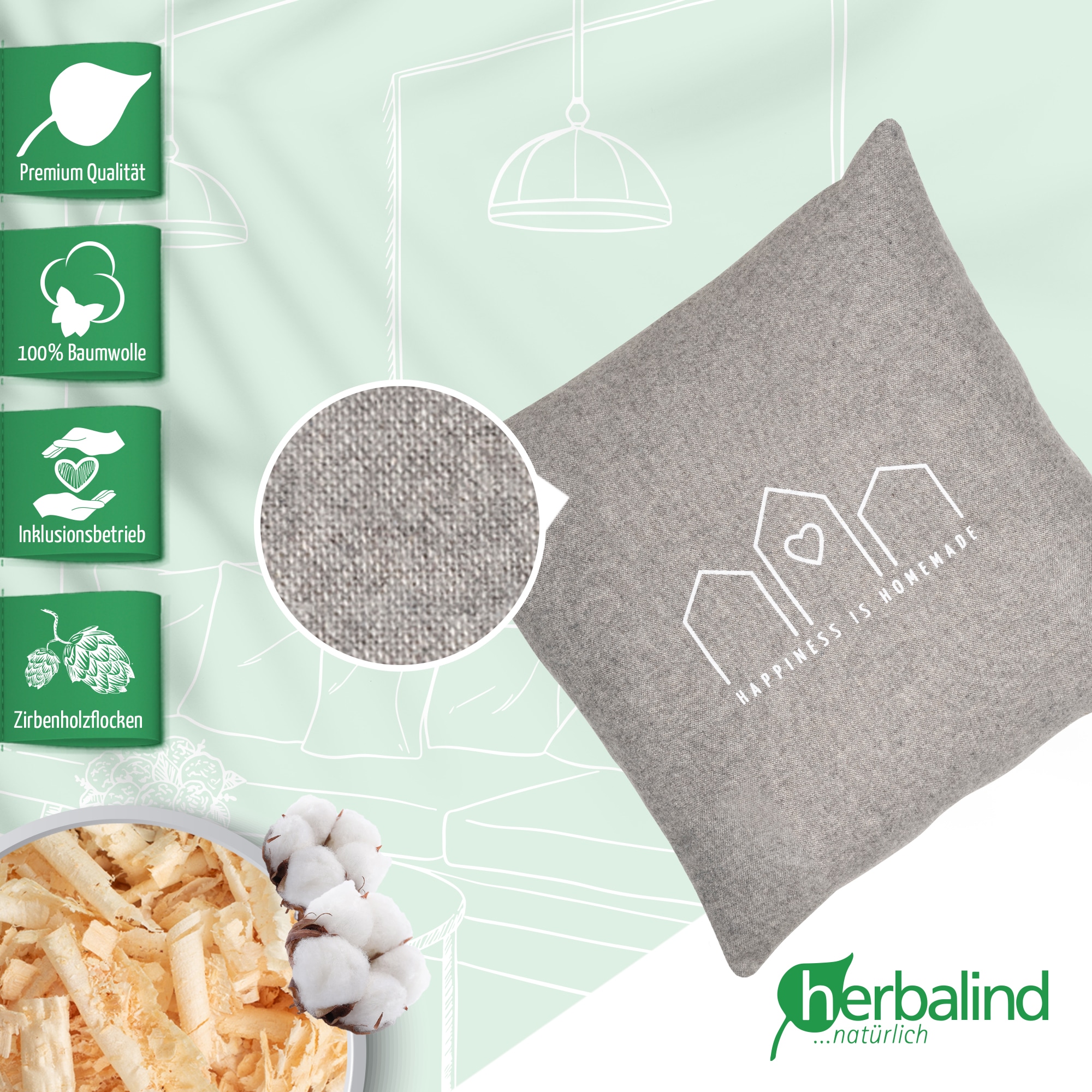 herbalind Zirbenkissen "Happiness is Homemade - Flanell in grau 30x30 mit R günstig online kaufen