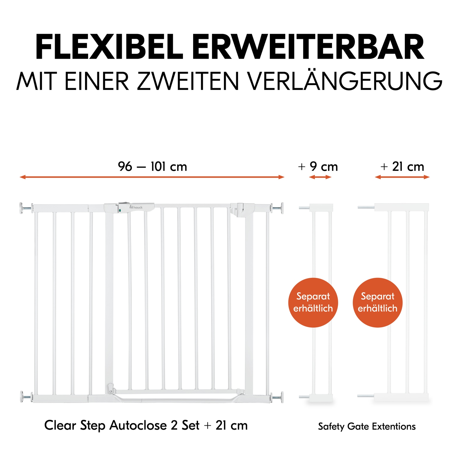 Hauck Türschutzgitter »Clear Step Autoclose 2 Set inklusive Verlängerung 21 cm, White«, auch als Treppenschutzgitter verwendbar; 96-101 cm; flacher Durchgang