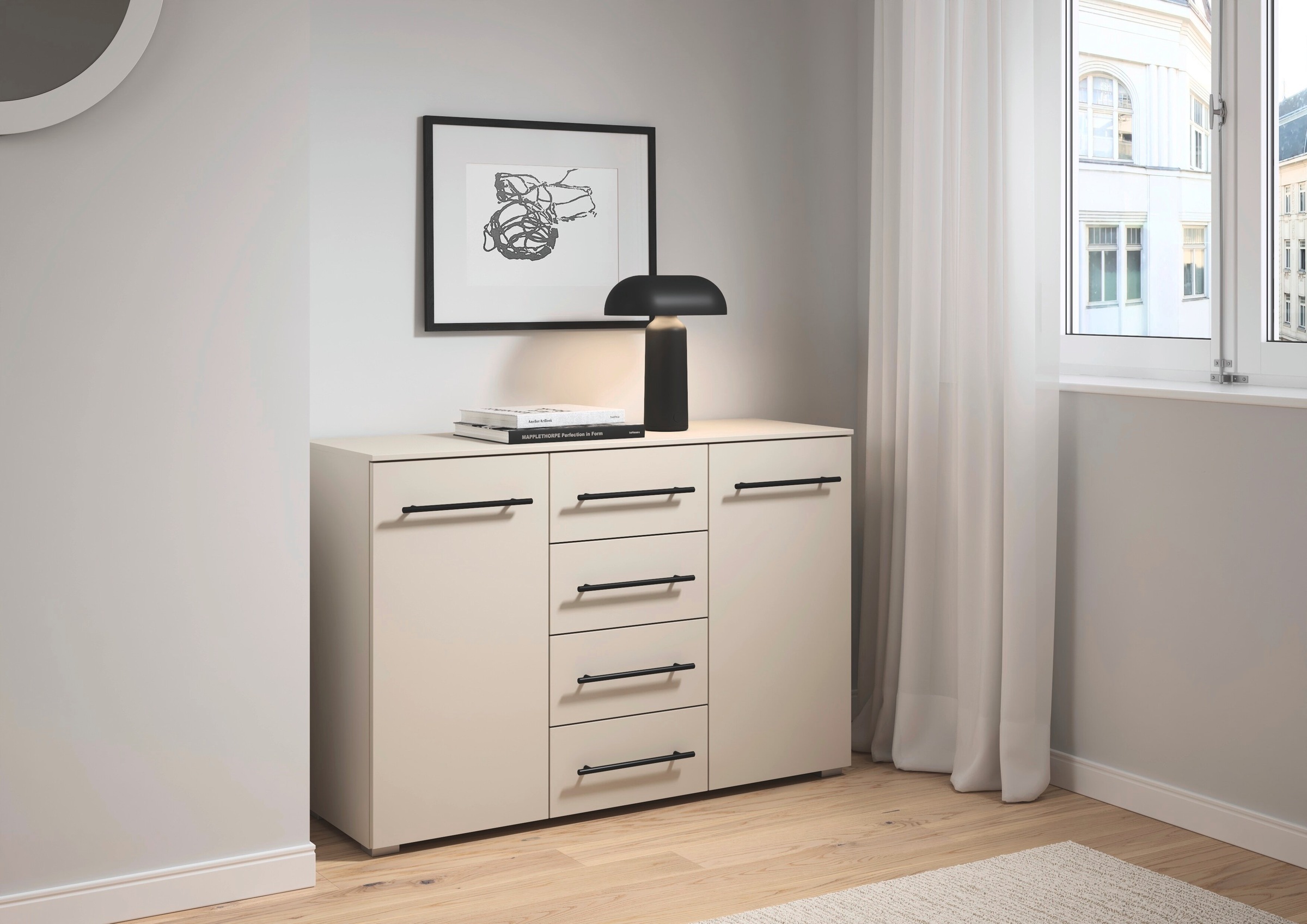 OTTO home Kombikommode »Sideboard Türkommode Schubladenkommode Kommode RONDO« Breite 120 / Höhe 81 cm, 4 Einlegeböden,  mit 4 geräumigen Schubladen Metallgriff in Schwarz MADE IN GERMANY