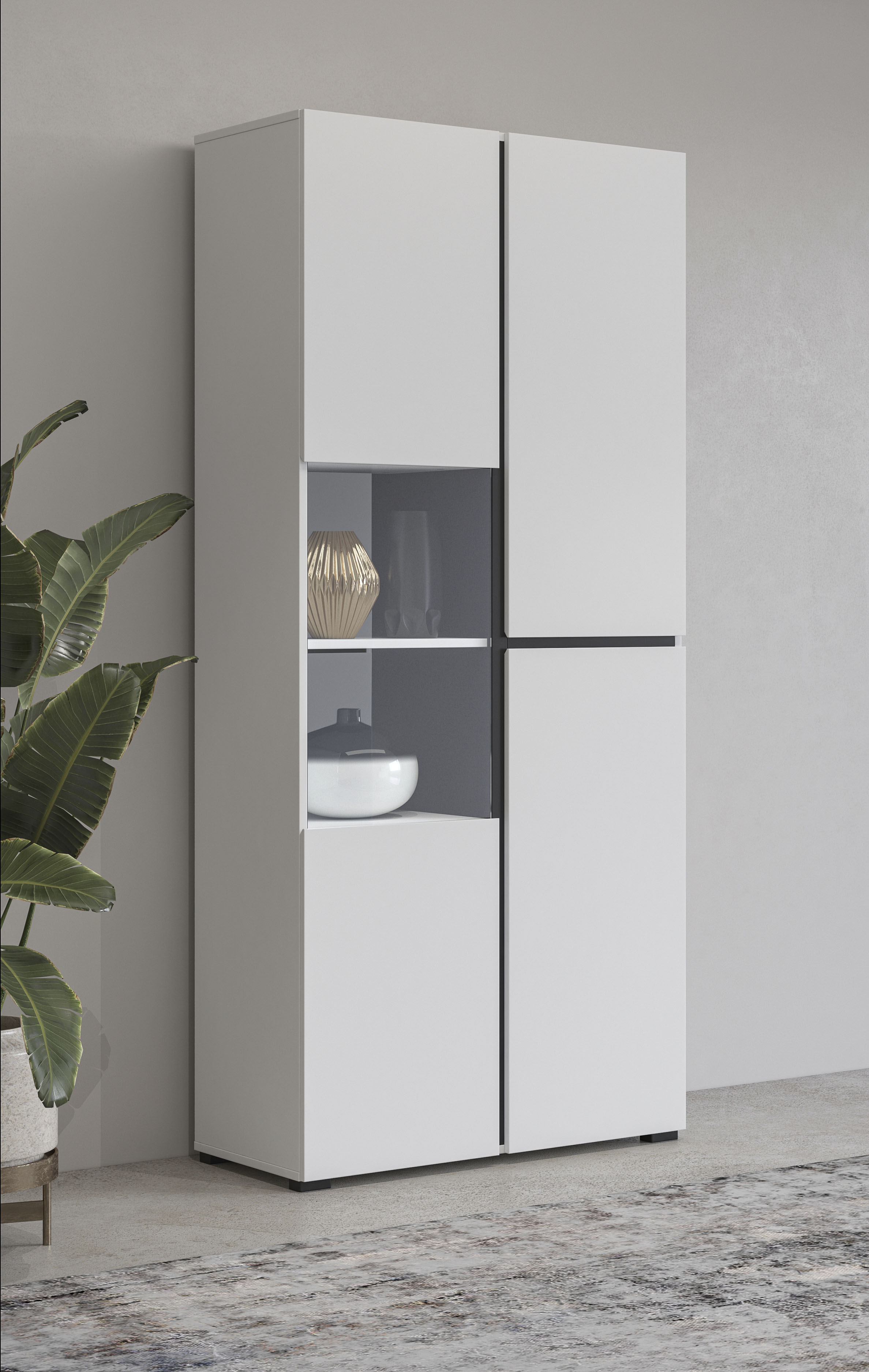 OTTO home Vitrine "Cross, Höhe 183,5 cm, moderne grifflose Standvitrine mit 3 Türen" Hochschrank mit viel Stauraum, Glastür und verstellbaren Einlegeböden