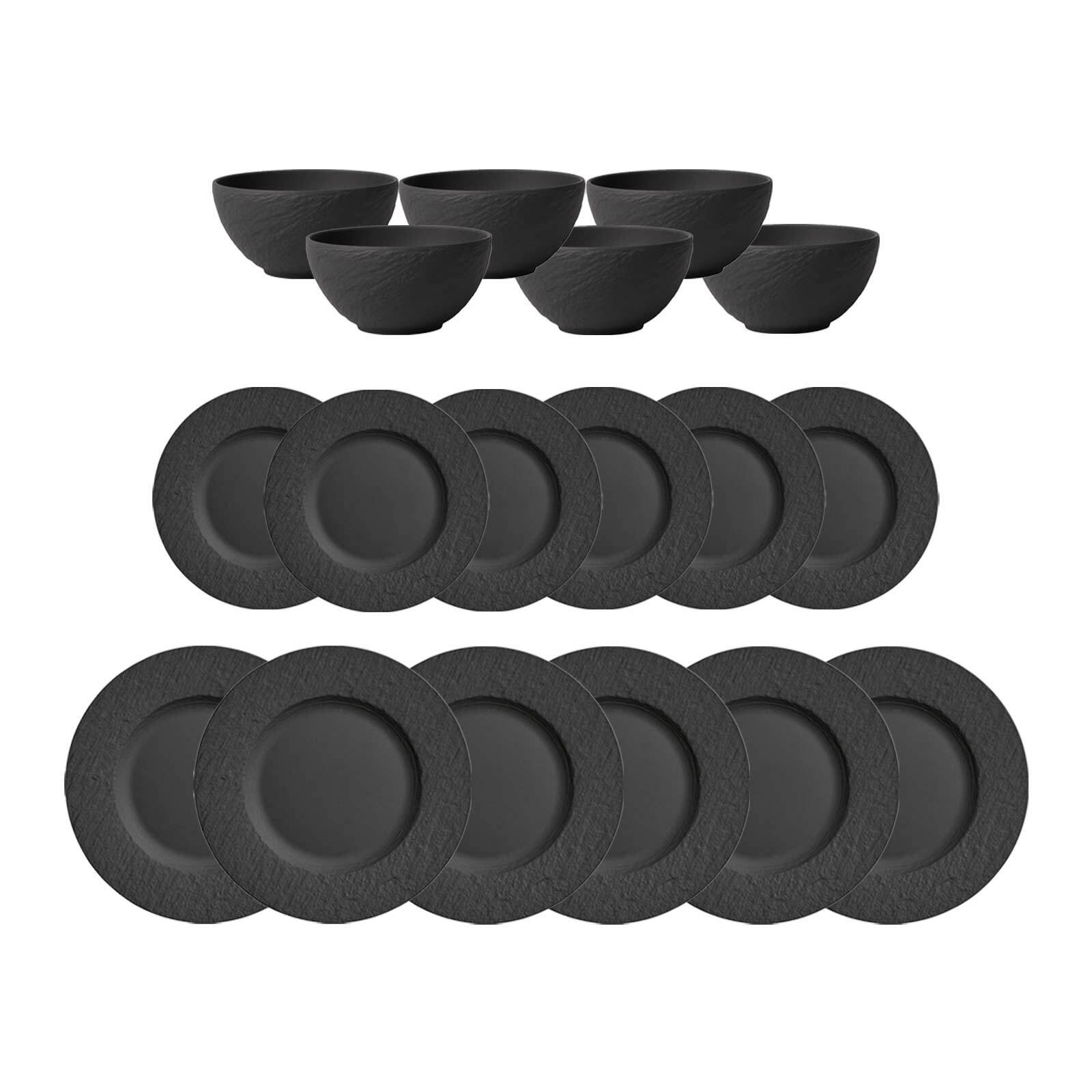 VILLEROY & BOCH Geschirr-Set "Tafelservice Manufacture Rock schwarz", 18, schwarz, Geschirr-Sets, Spülmaschinengeeignet, Mikrowellenfest