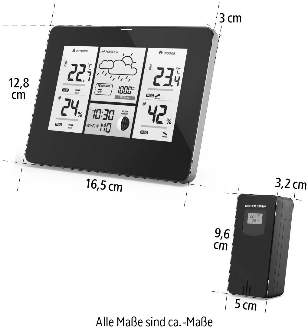 Hama Wetterstation »WLAN mit Außensensor, Thermometer/Hygrometer Barometer, App«, WLAN, Außensensor, Thermometer/Hygrometer Barometer, App, Farbdisplay