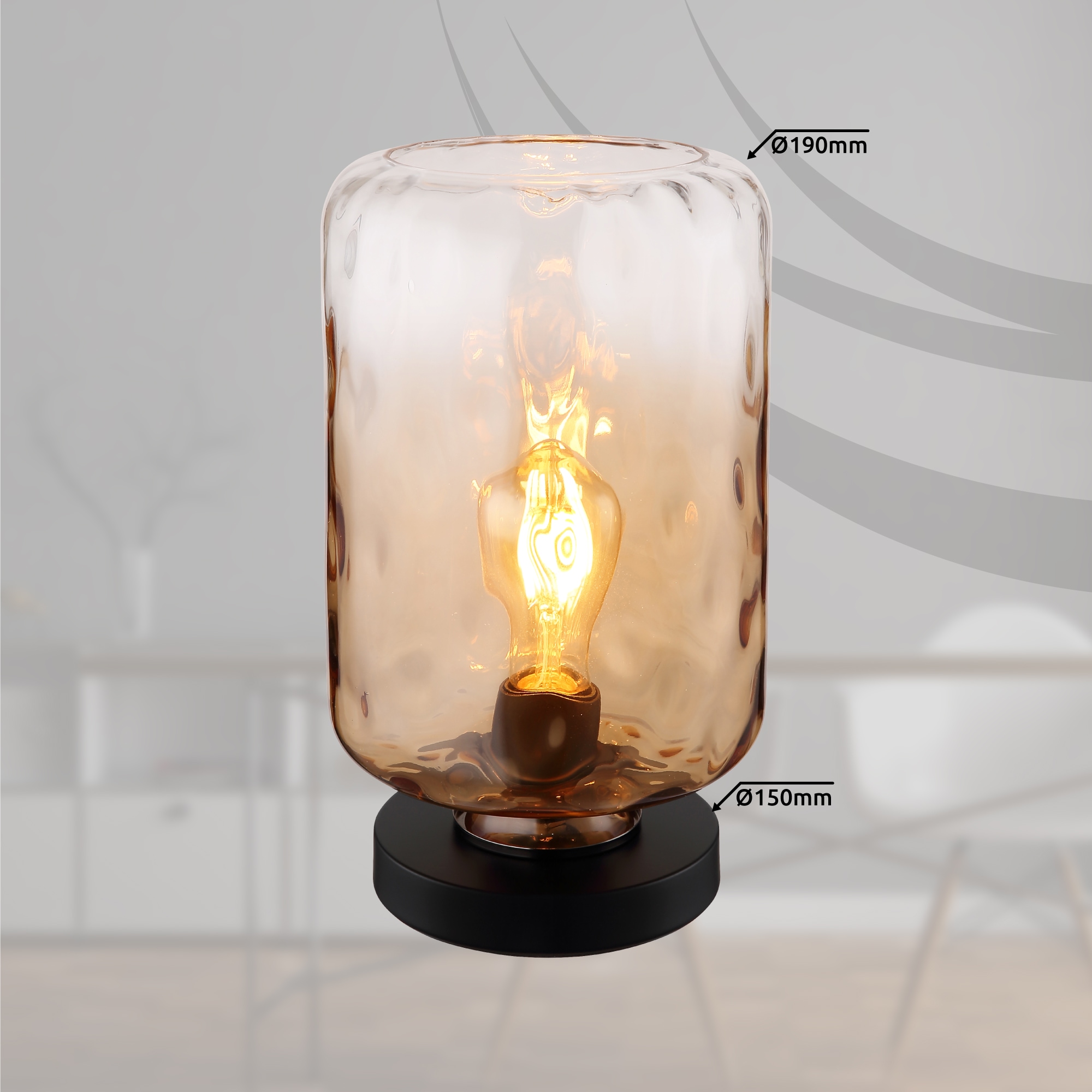 GLOBO LIGHTING Tischleuchte »DARINA«, Leuchtmittel E27 | ohne Leuchtmittel, Tischlampe/schwarz/Glas amber/Wohnzimmer/Schlafzimmer