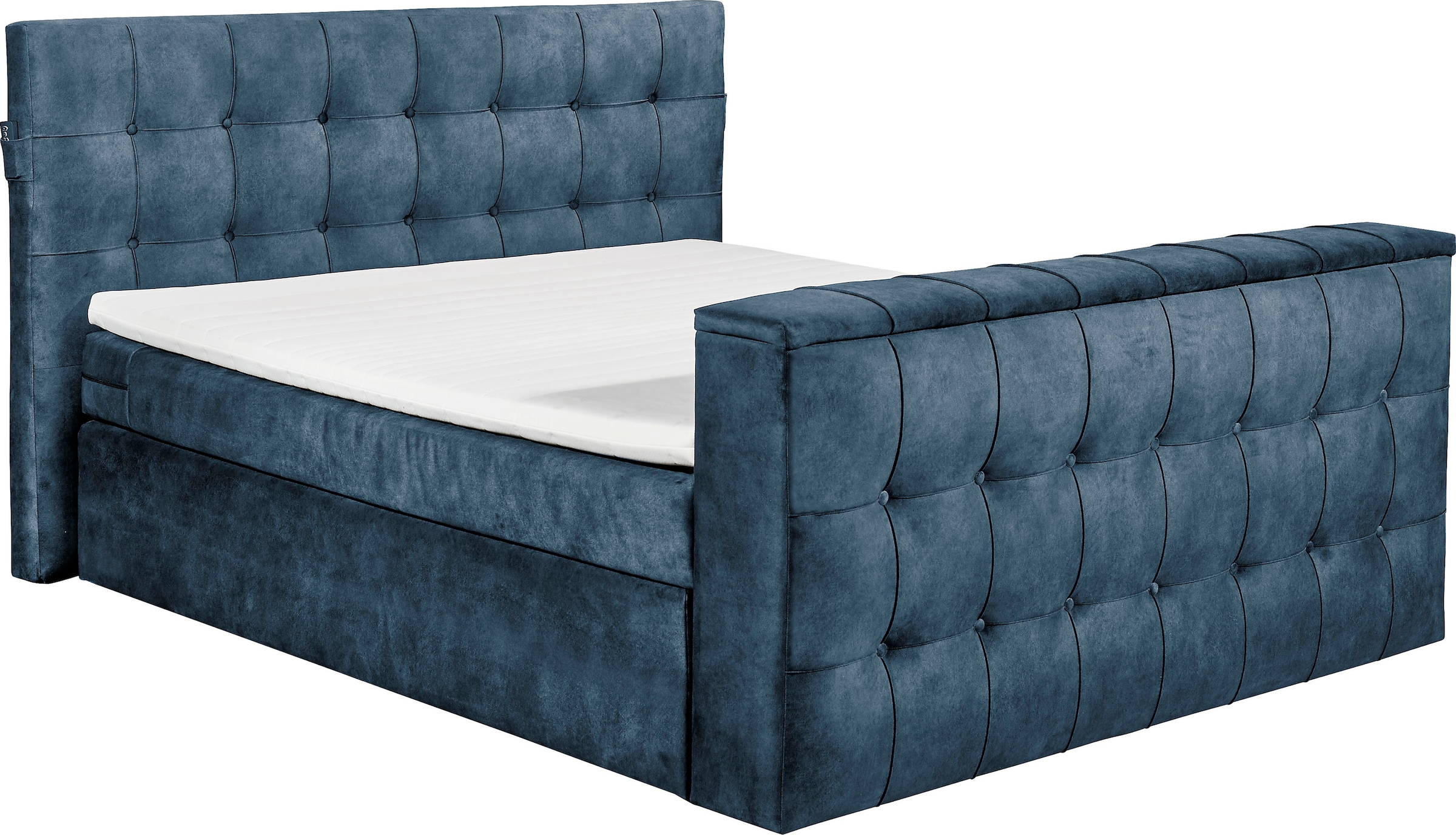 Boxspringbett, B:203cm L:243cm, blau, SET ONE BY MUSTERRING, Komplettbetten, "Richmond", versenkbarer TV- Halterung mit Fernbedienung