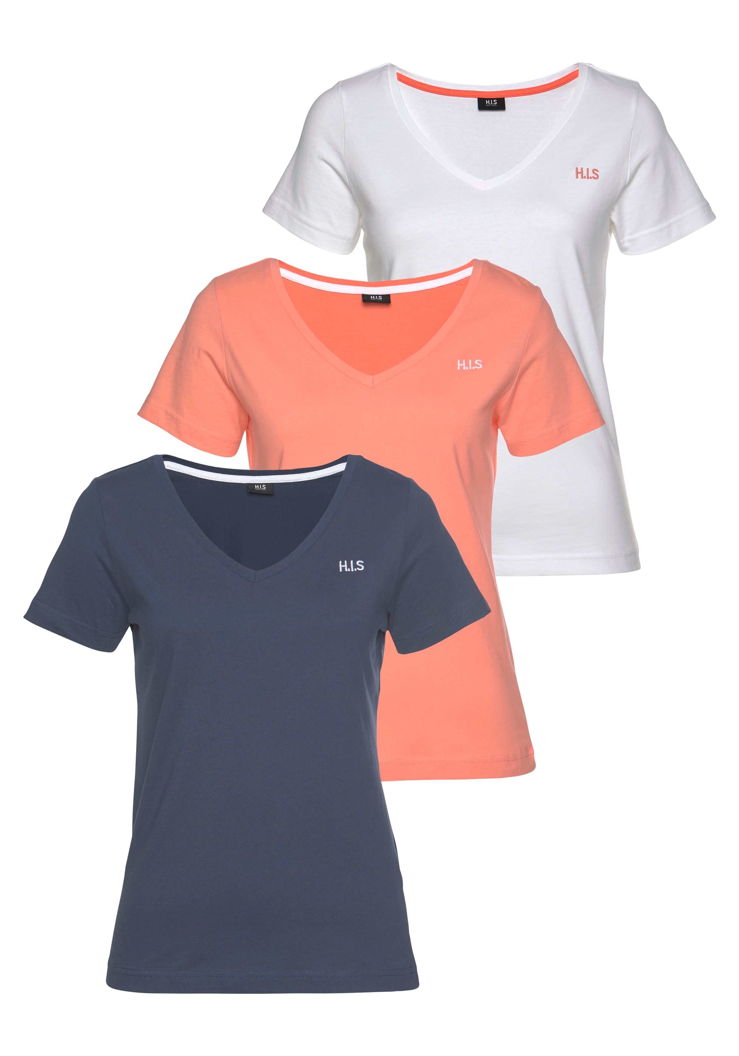 H.I.S T-Shirt "Essential-Basics vielseitig kombinierbar" 3er-Pack zum Vorteilspreis, lockerer Schnitt, 100% Baumwolle, vielen Farben & großen Größen