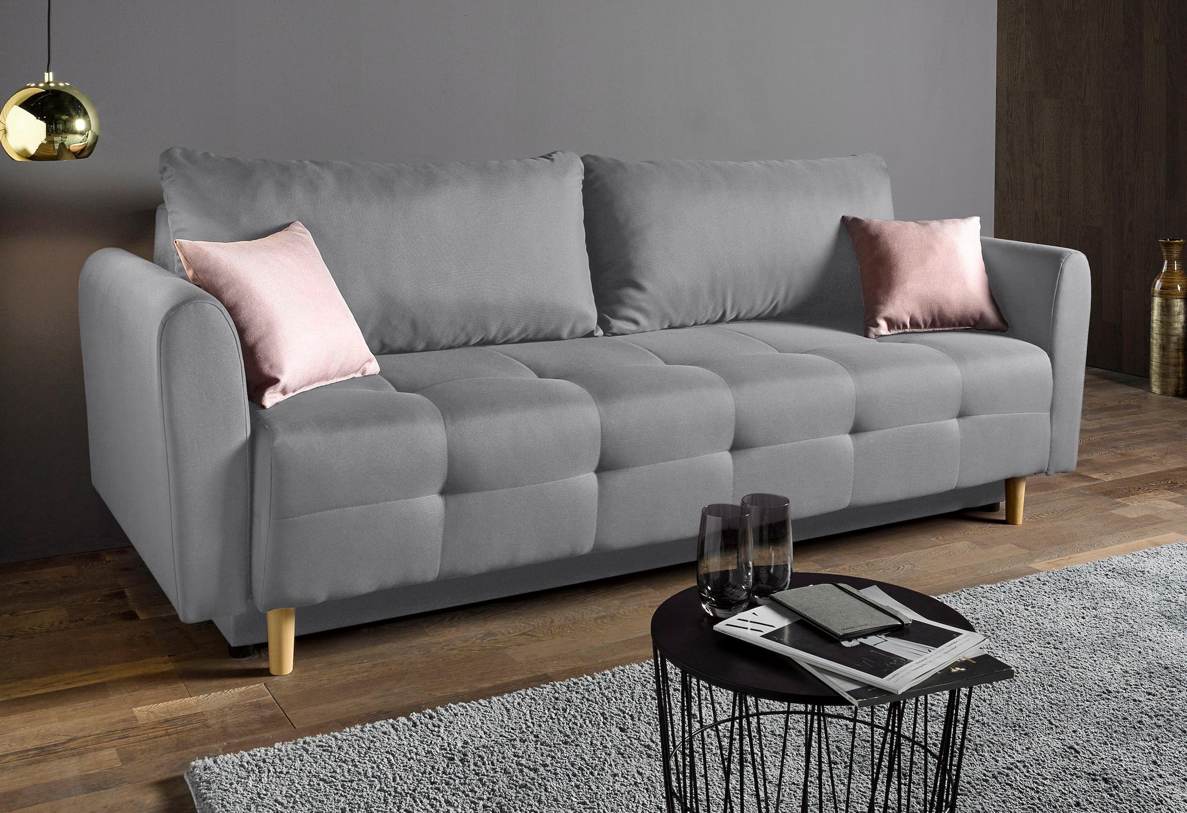 Home affaire Schlafsofa "Nordic, B: 219 cm, Liegel. 137x195 cm" Schlaffunktion, Bettkasten & 2 Zierkissen, Federkern