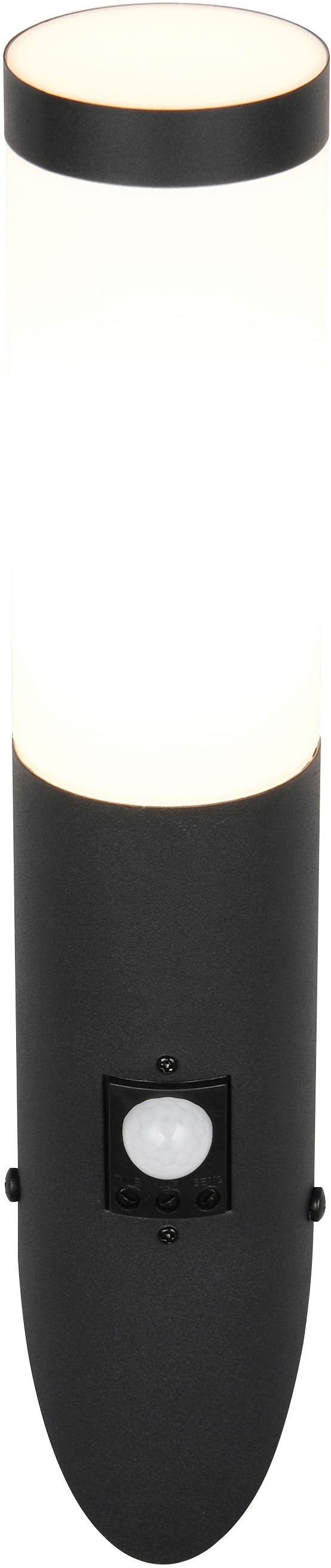 TRIO Leuchten Außen-Wandleuchte »TRIOTO, Outdoor Wandlampe Edelstahl, Wandfackel exkl 1x E27 max 25W«, 1 flammig, Leuchtmittel E27 | Leuchtmittel wechselbar, röhrenförmige Hauswand Beleuchtung, Bewegungsmelder, IP44 39cm hoch