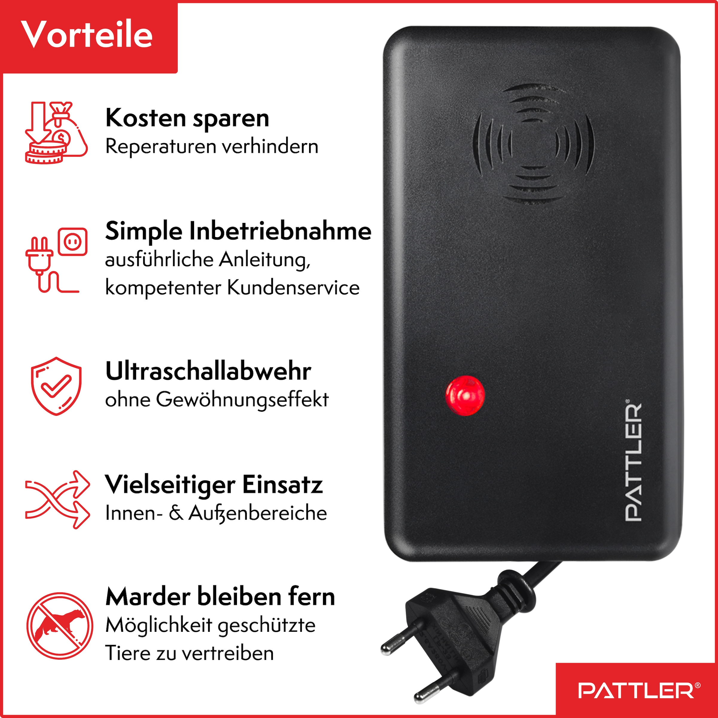 Pattler Ultraschall-Tierabwehr »Marderschreck mit  Hochfrequenztönen« 2 Geräte für ca. 120 m²