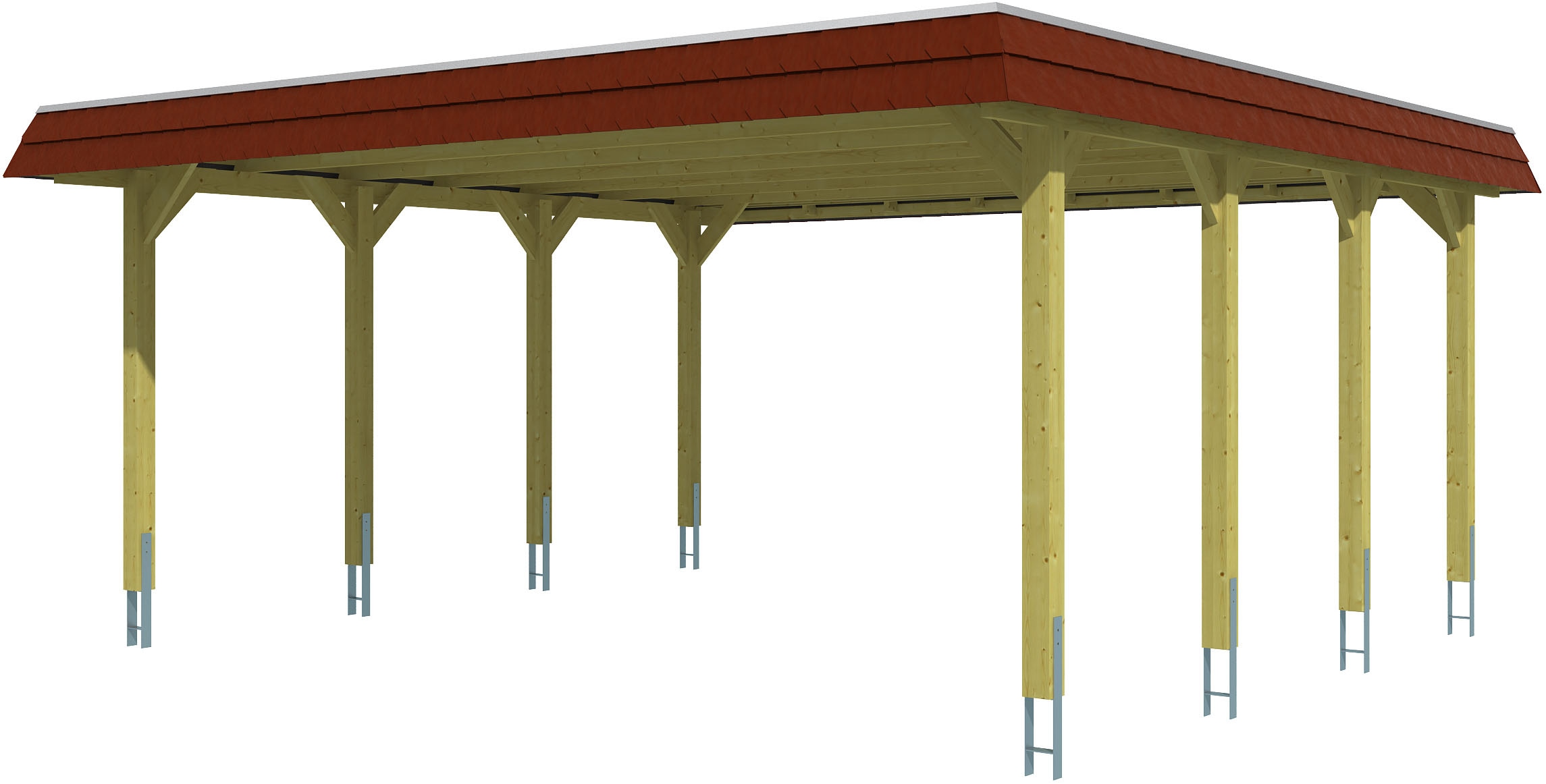 Skanholz Doppelcarport "Spreewald", Nadelholz, 530 cm, Grün, mit Aluminiumdach, rote Blende