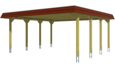 Doppelcarport »Spreewald«, Nadelholz, 530 cm, Grün, 585x589cm mit Aluminiumdach rote...