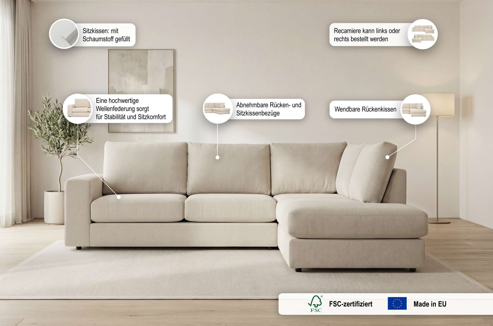 OTTO home Ecksofa »Nivette, weiches Chenille« Breite 292 cm, L-Form, bodentief, mit Wellenunterfederung