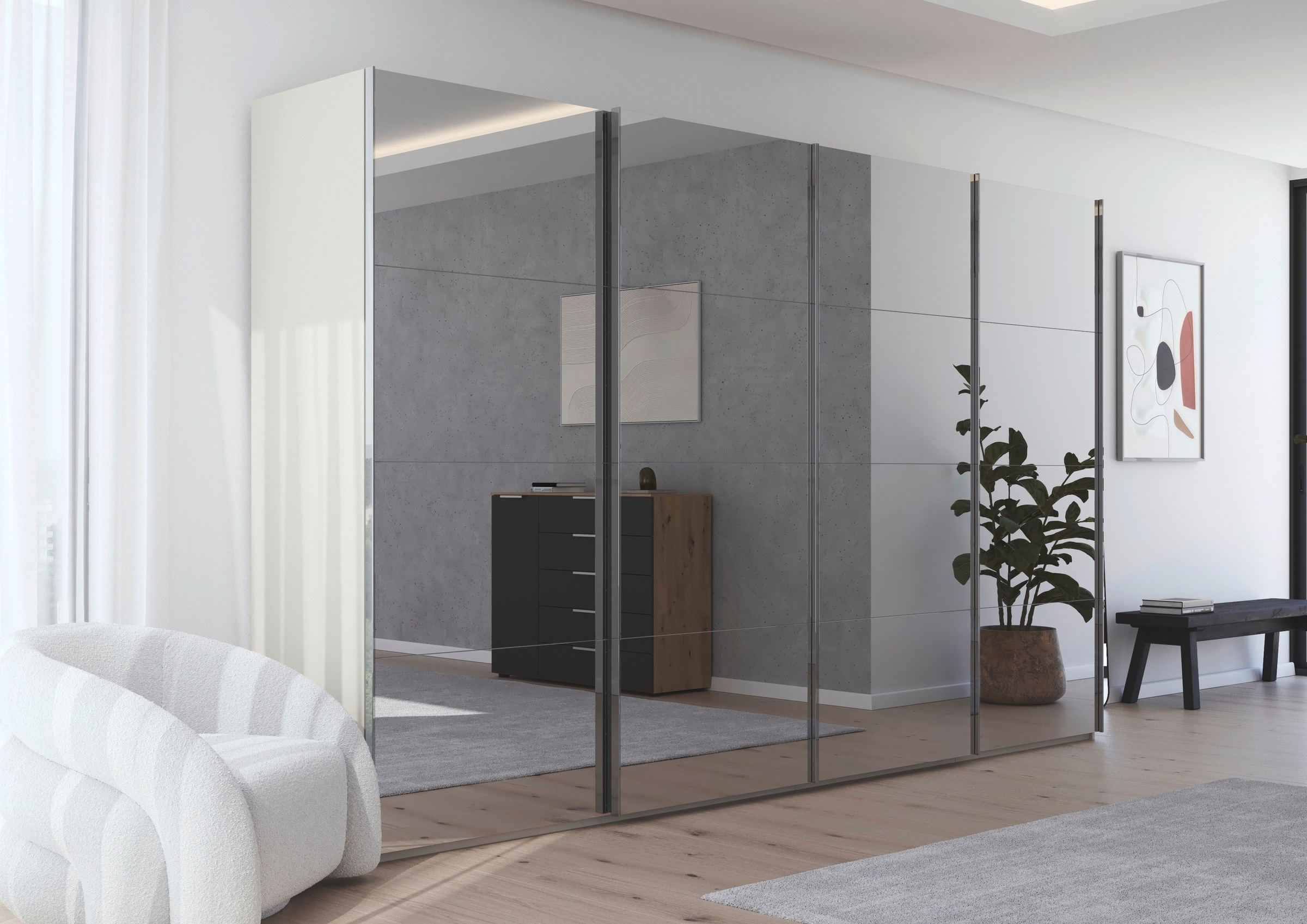 rauch Schwebetürenschrank »Kleiderschrank Schrank Garderobe Schlafzimmerschrank SCALE-FYRA«, edle viergeteilte Türen, Spiegelfront und viele Farben MADE IN GERMANY