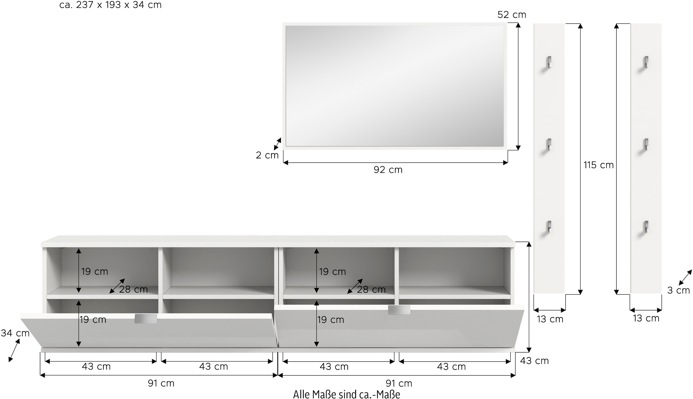 INOSIGN Garderoben-Set, (4 St.), Trondheim, Garderobenset 4-tlg.Breite 237 cm, Flur, Diele, Kombination