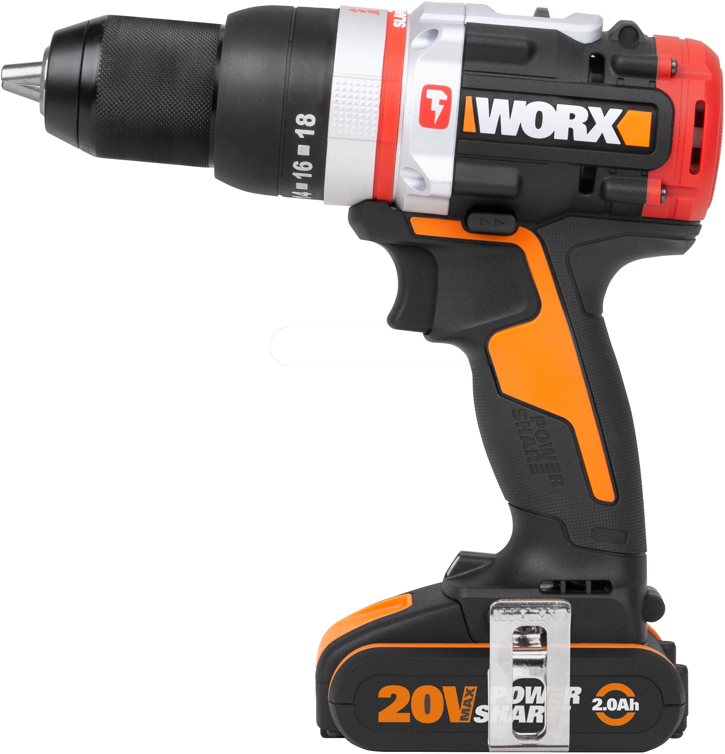 Worx Akku-Schlagbohrmaschine "WX354", (Set), bürstenloser Motor, 18+1+1 Drehmoment, 60Nm, inkl. 2 Akkus & Ladegerät